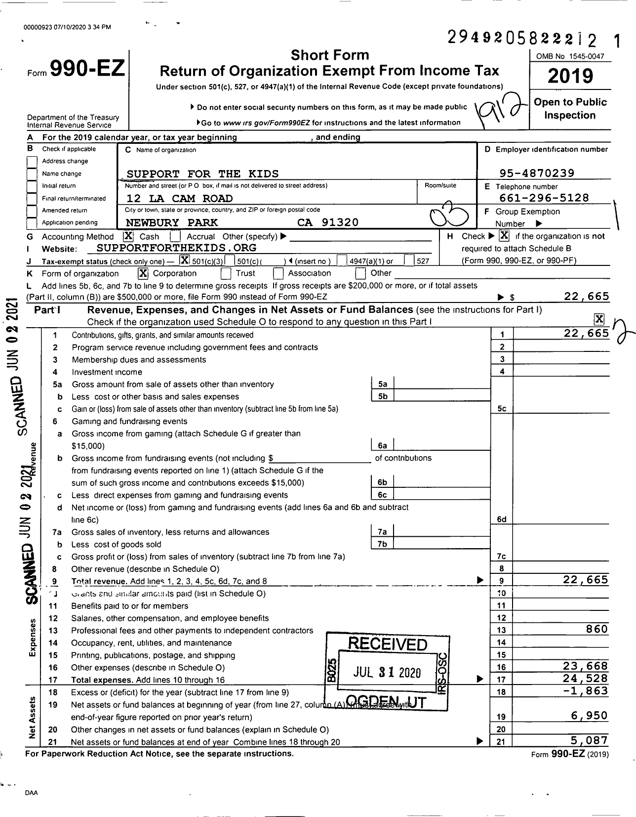 Image of first page of 2019 Form 990EZ for Support for the Kids