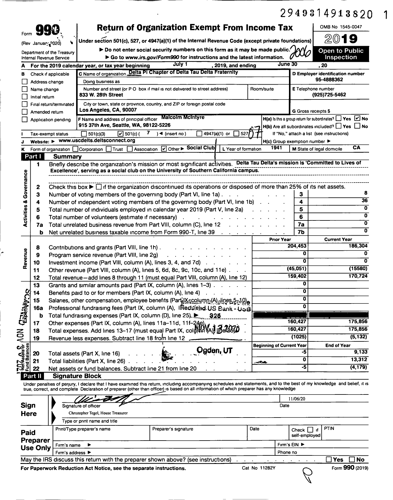 Image of first page of 2019 Form 990O for Delta Tau Delta Fraternity - Delta Pi Chapter