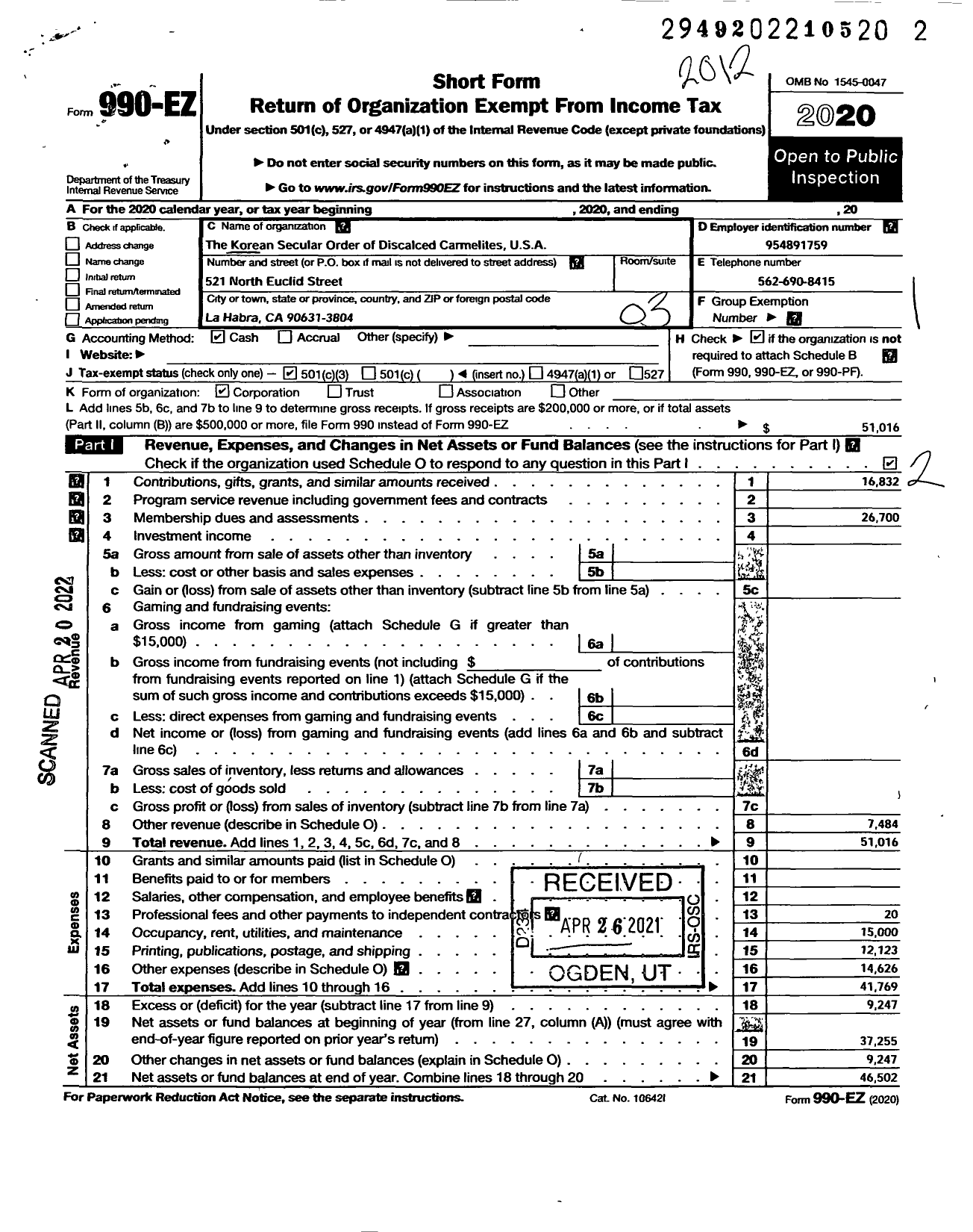 Image of first page of 2020 Form 990EZ for Korean Secular Order of Discalced Carmelites USA