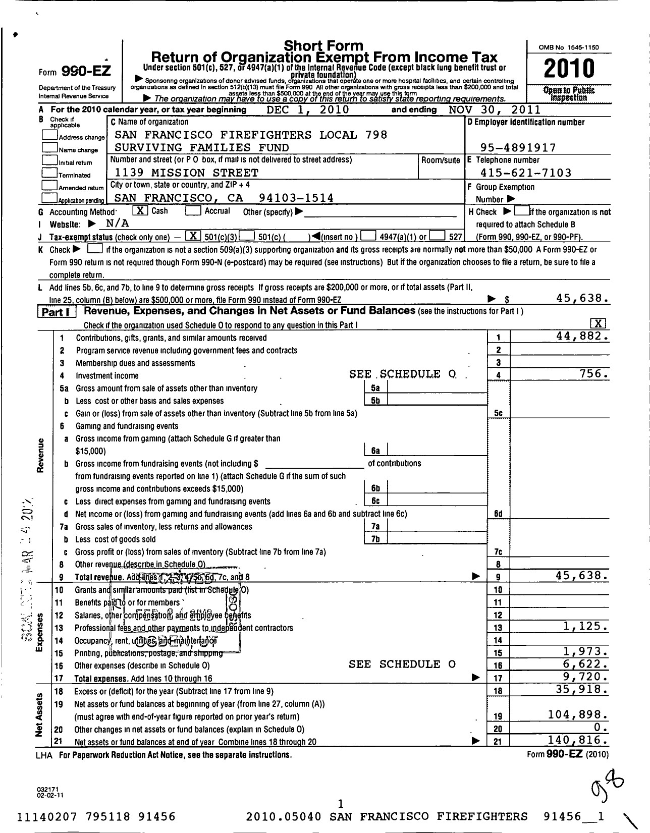 Image of first page of 2010 Form 990EZ for San Francisco Fire Fighters Local 798 Surviving Families Fund