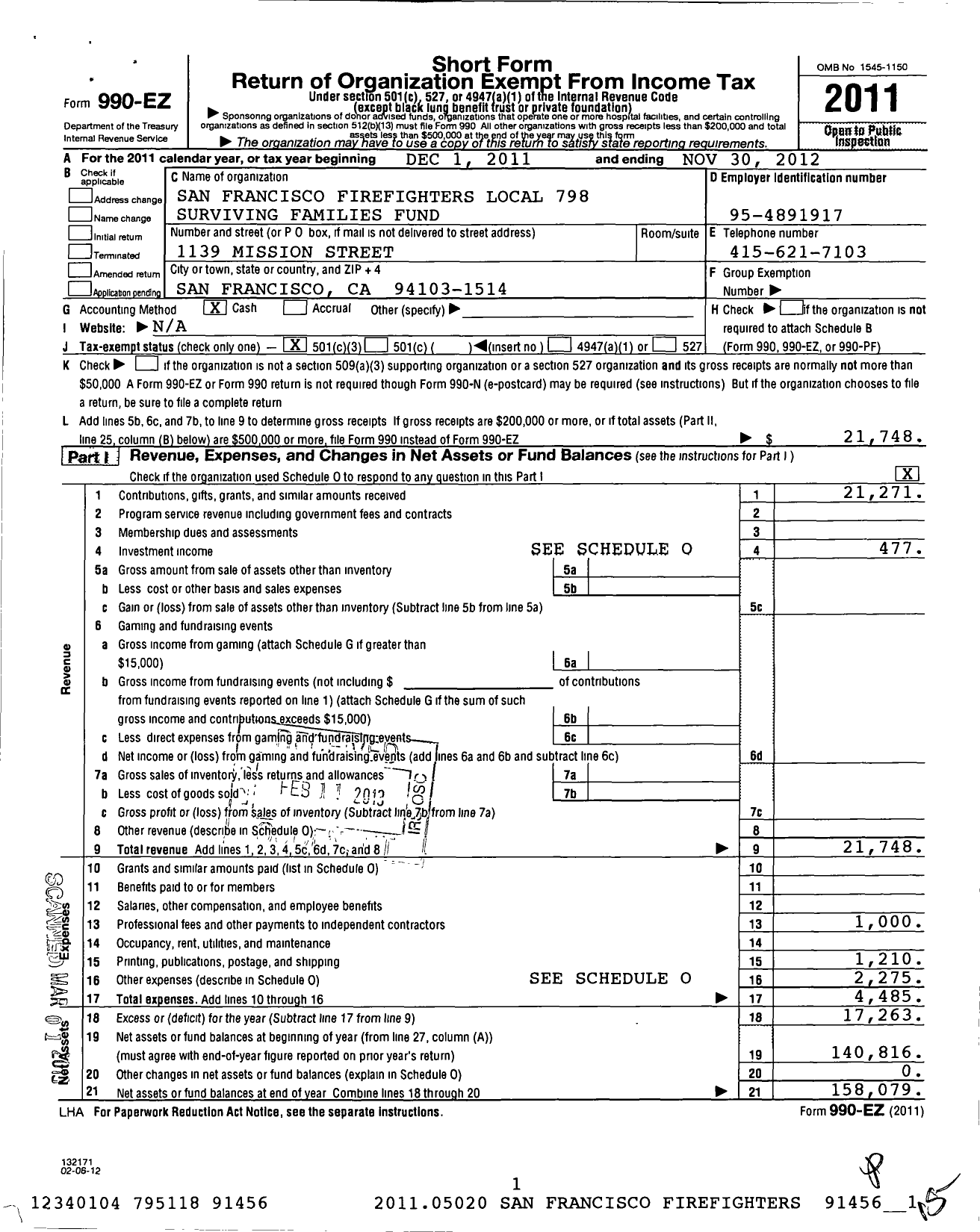 Image of first page of 2011 Form 990EZ for San Francisco Fire Fighters Local 798 Surviving Families Fund