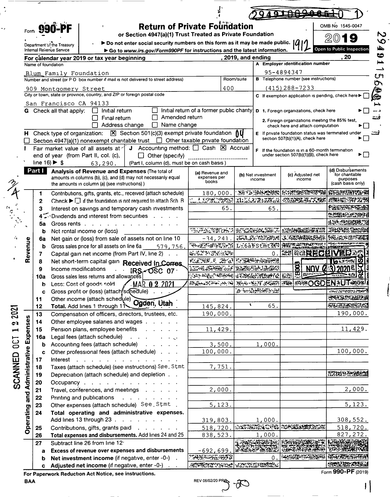 Image of first page of 2019 Form 990PF for Blum Family Foundation