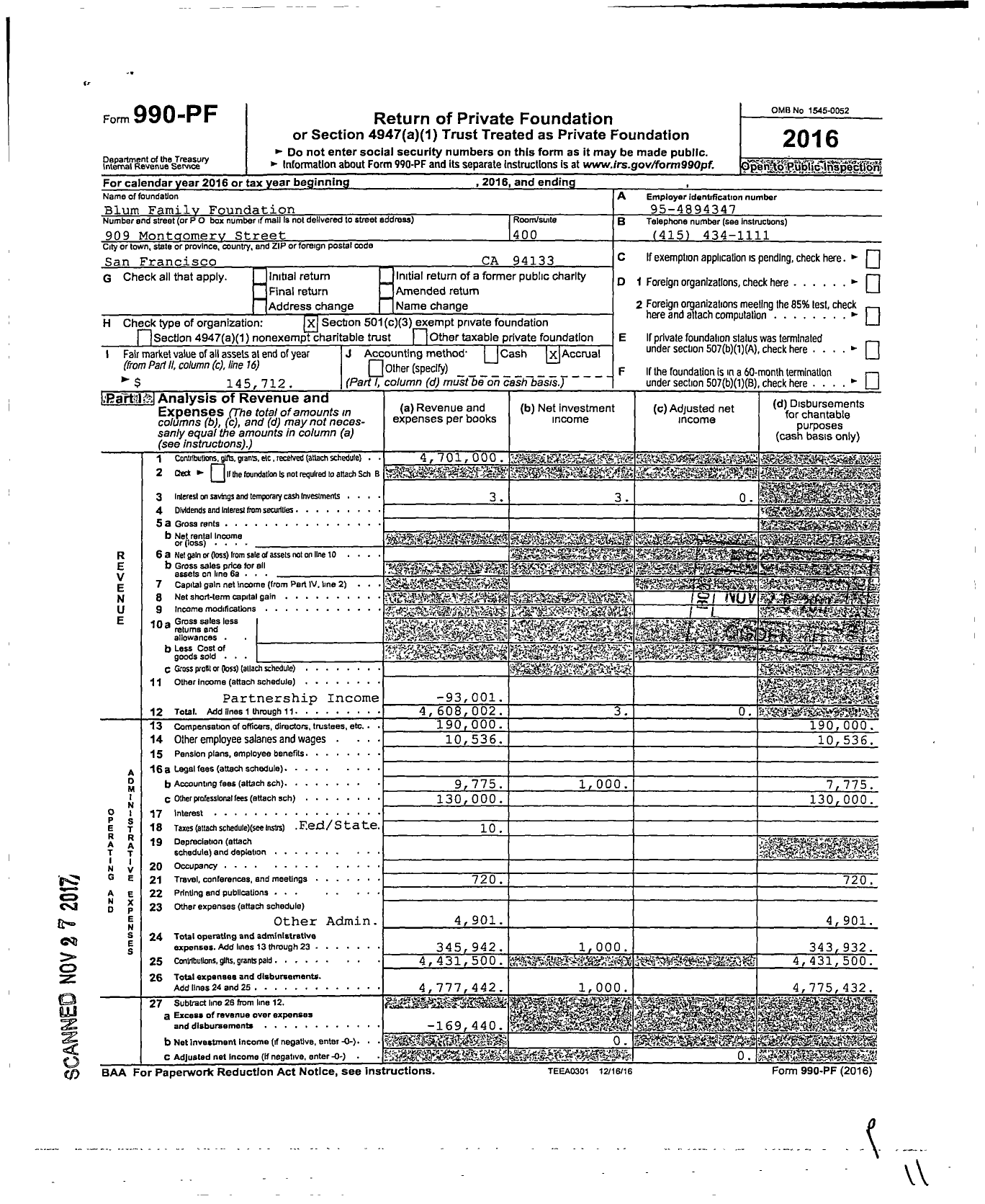 Image of first page of 2016 Form 990PF for Blum Family Foundation