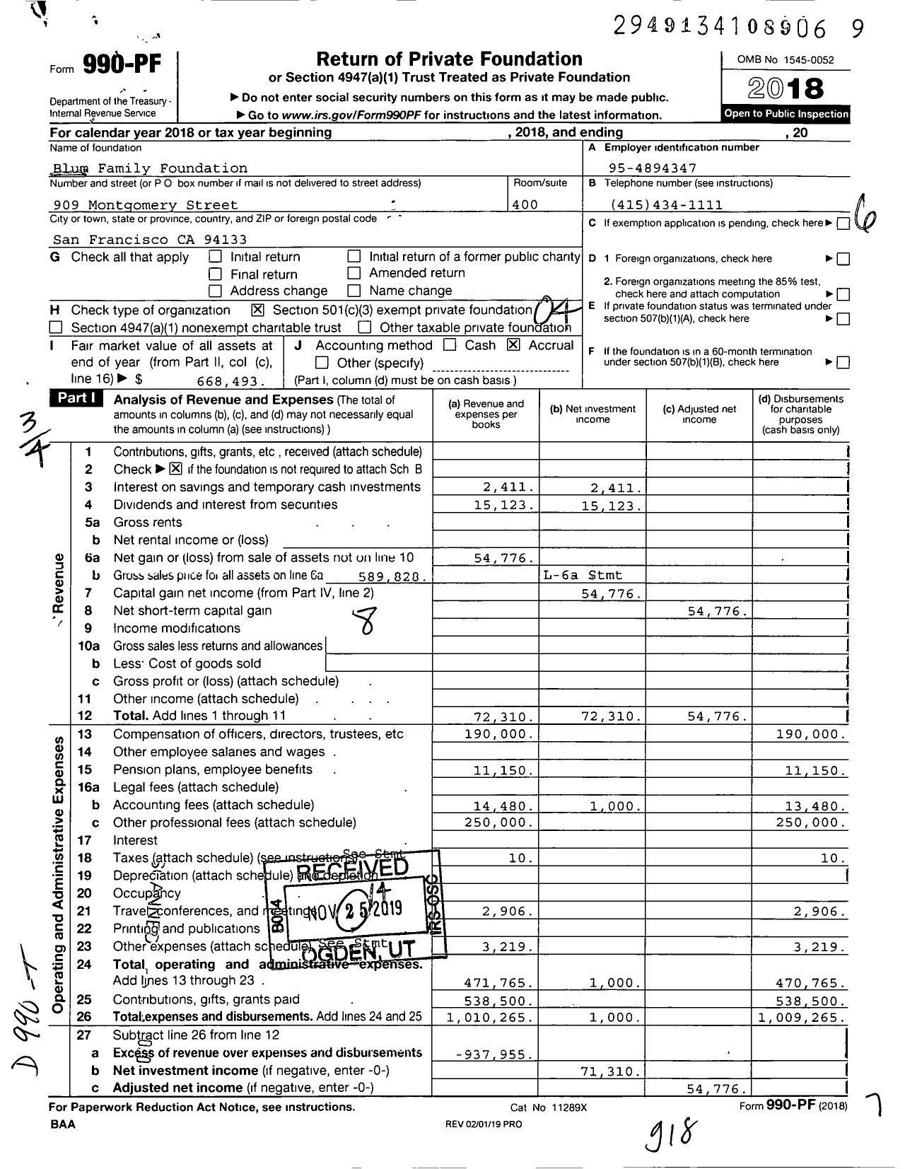 Image of first page of 2018 Form 990PF for Blum Family Foundation