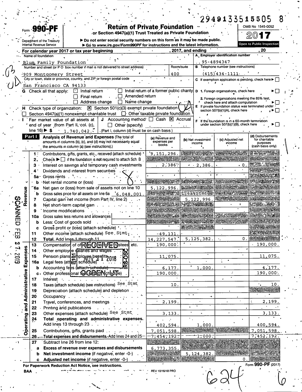 Image of first page of 2017 Form 990PF for Blum Family Foundation