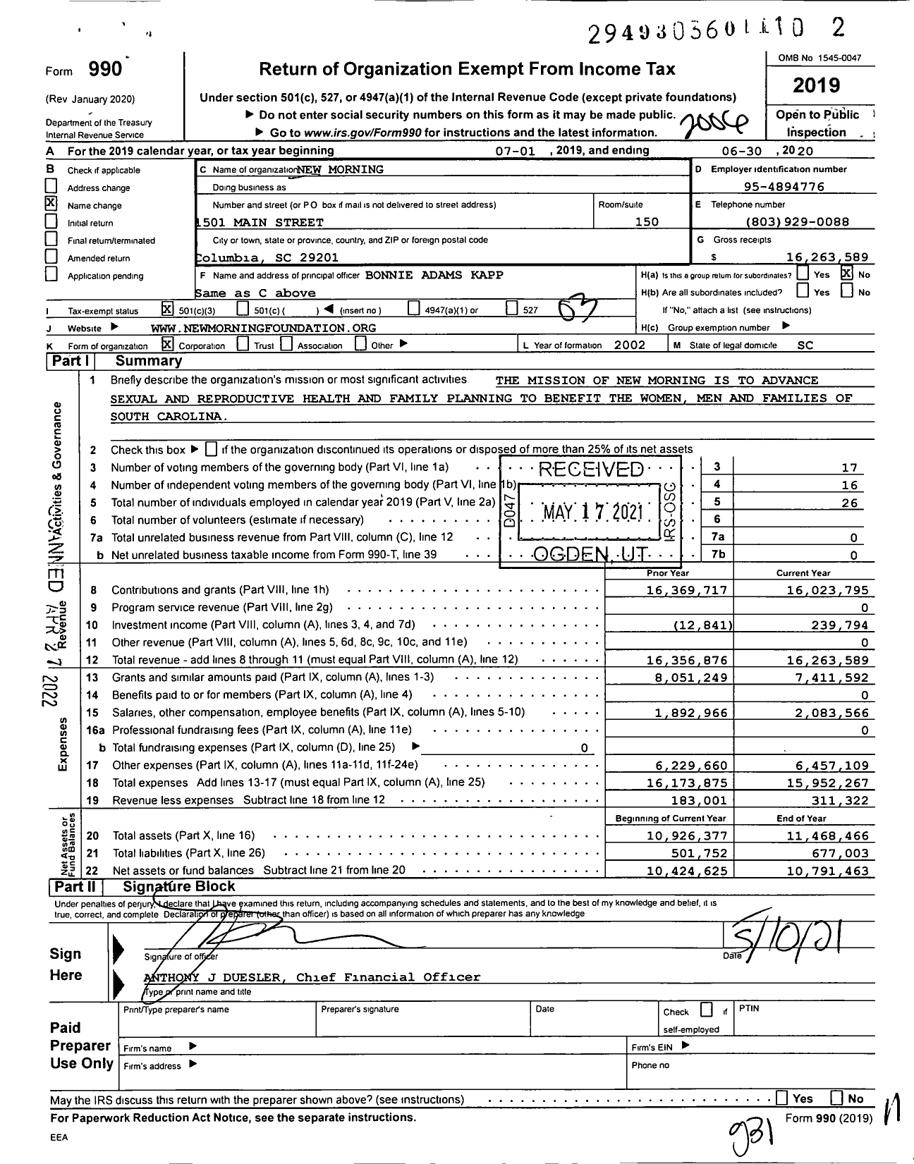 Image of first page of 2019 Form 990 for New Morning