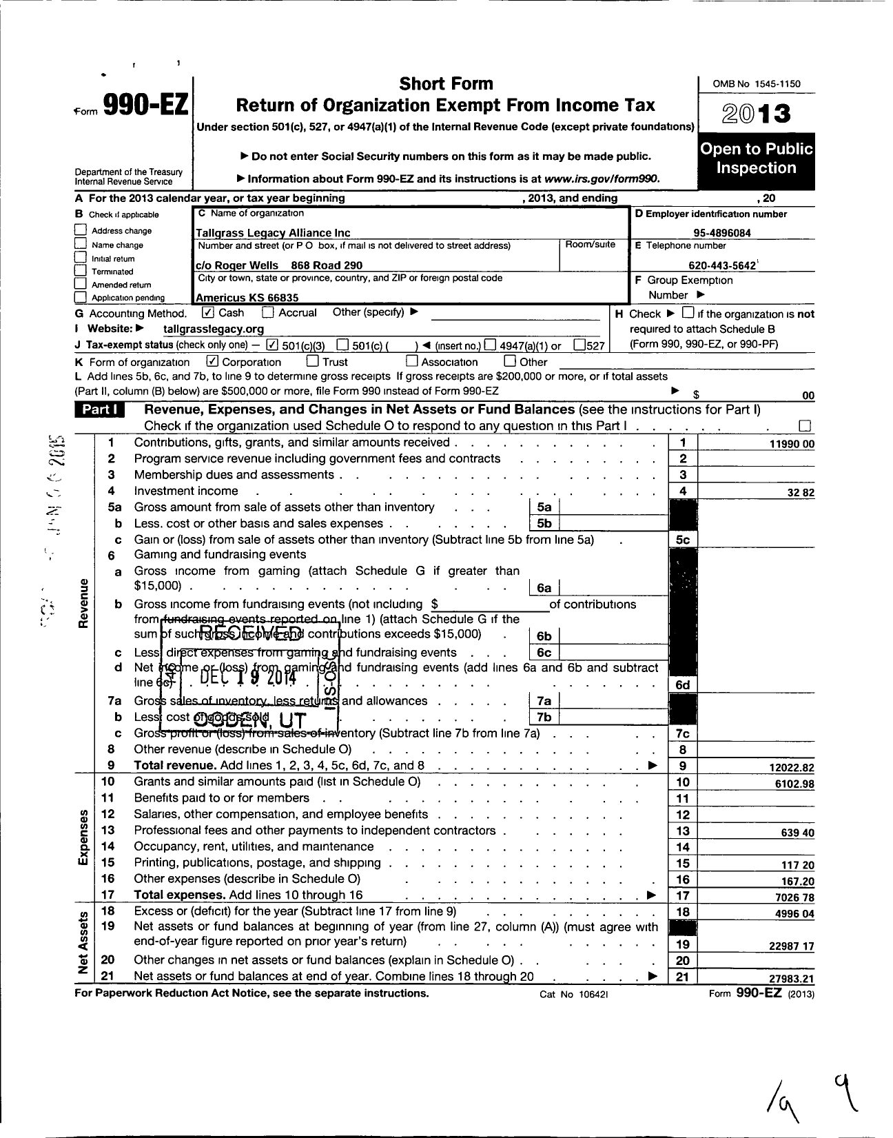 Image of first page of 2013 Form 990EZ for Tallgrass Legacy Alliance