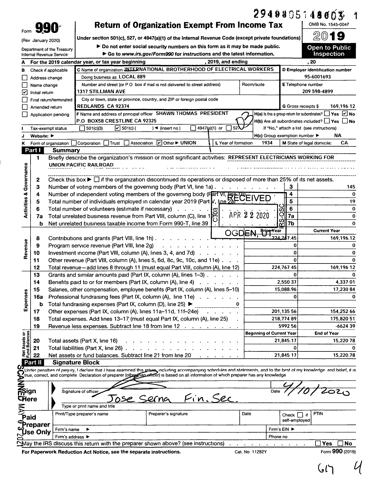 Image of first page of 2019 Form 990 for International Brotherhood of Electrical Workers