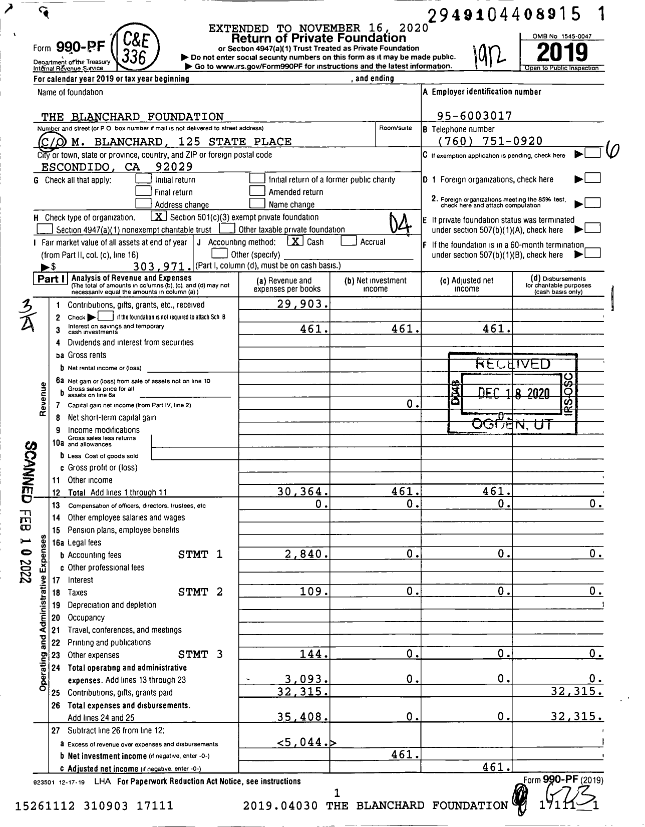 Image of first page of 2019 Form 990PF for The Blanchard Foundation