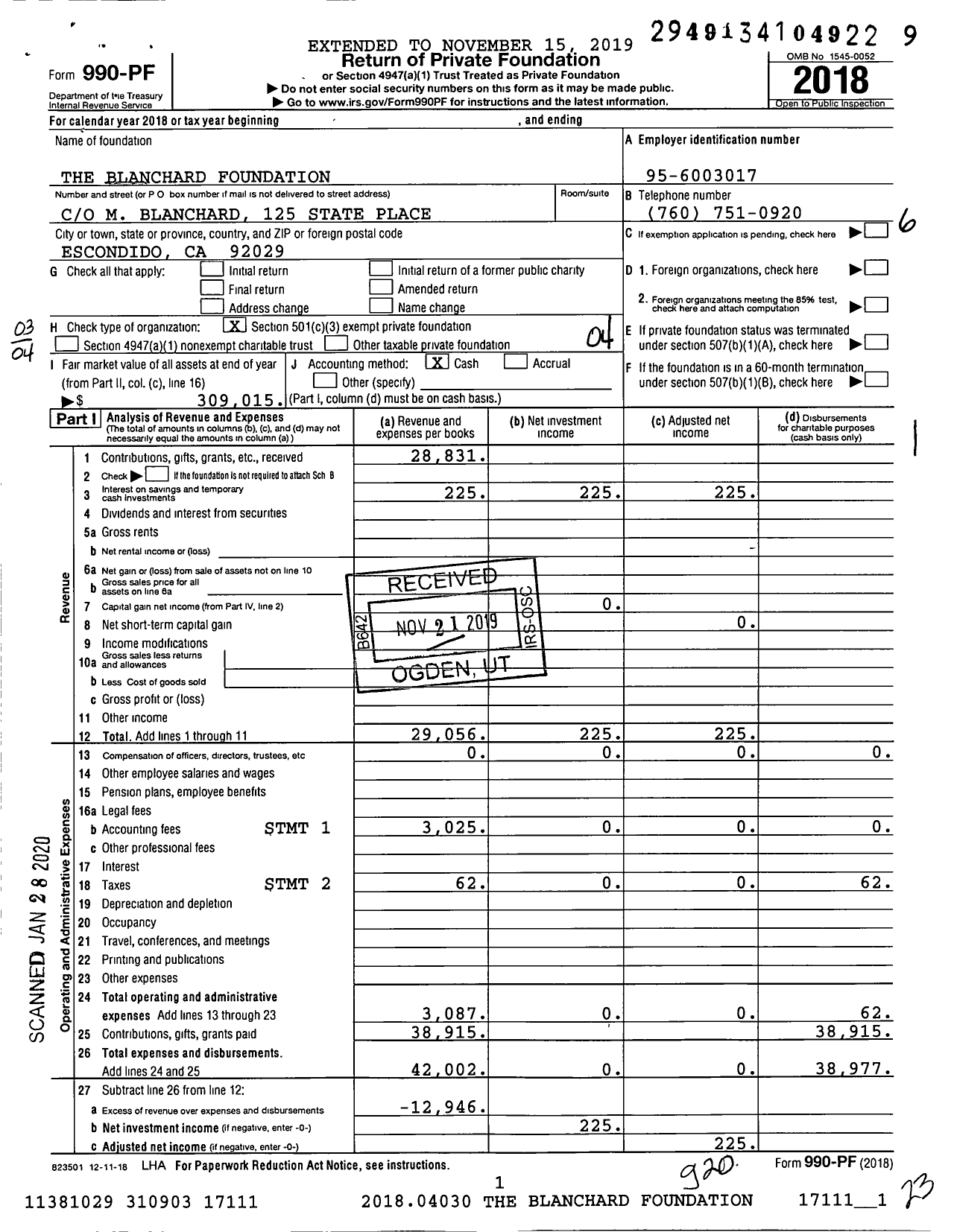 Image of first page of 2018 Form 990PF for The Blanchard Foundation