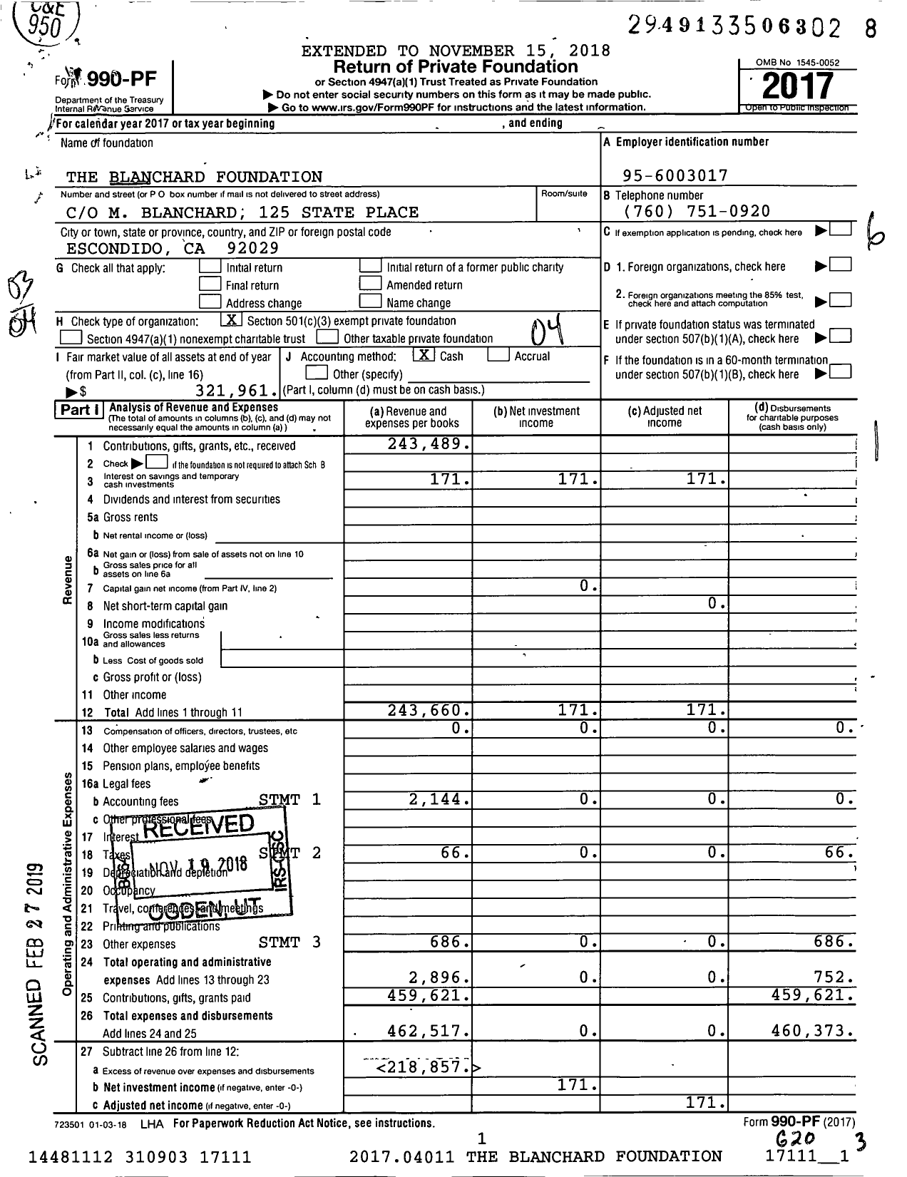 Image of first page of 2017 Form 990PF for The Blanchard Foundation