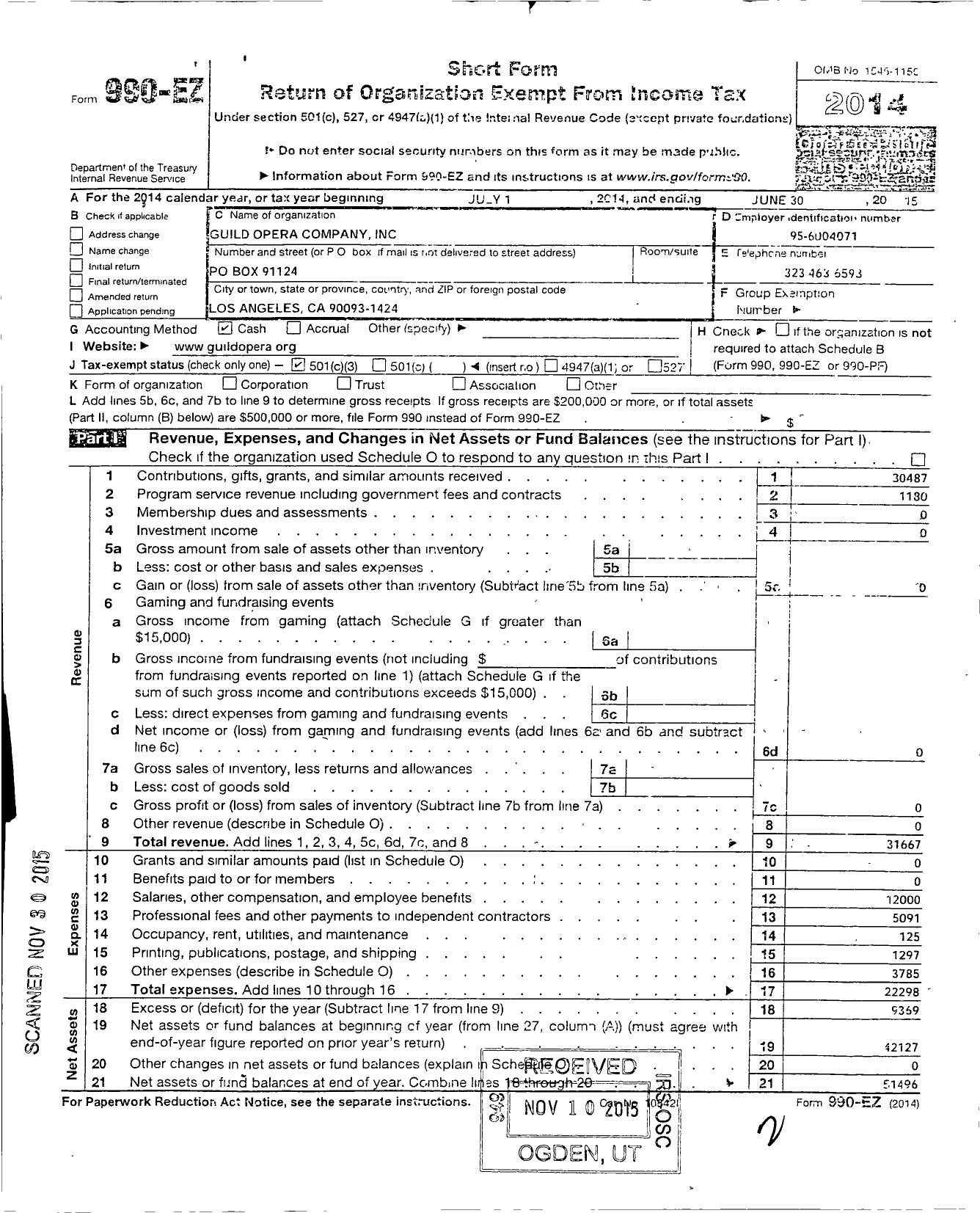 Image of first page of 2014 Form 990EZ for Guild Opera Company