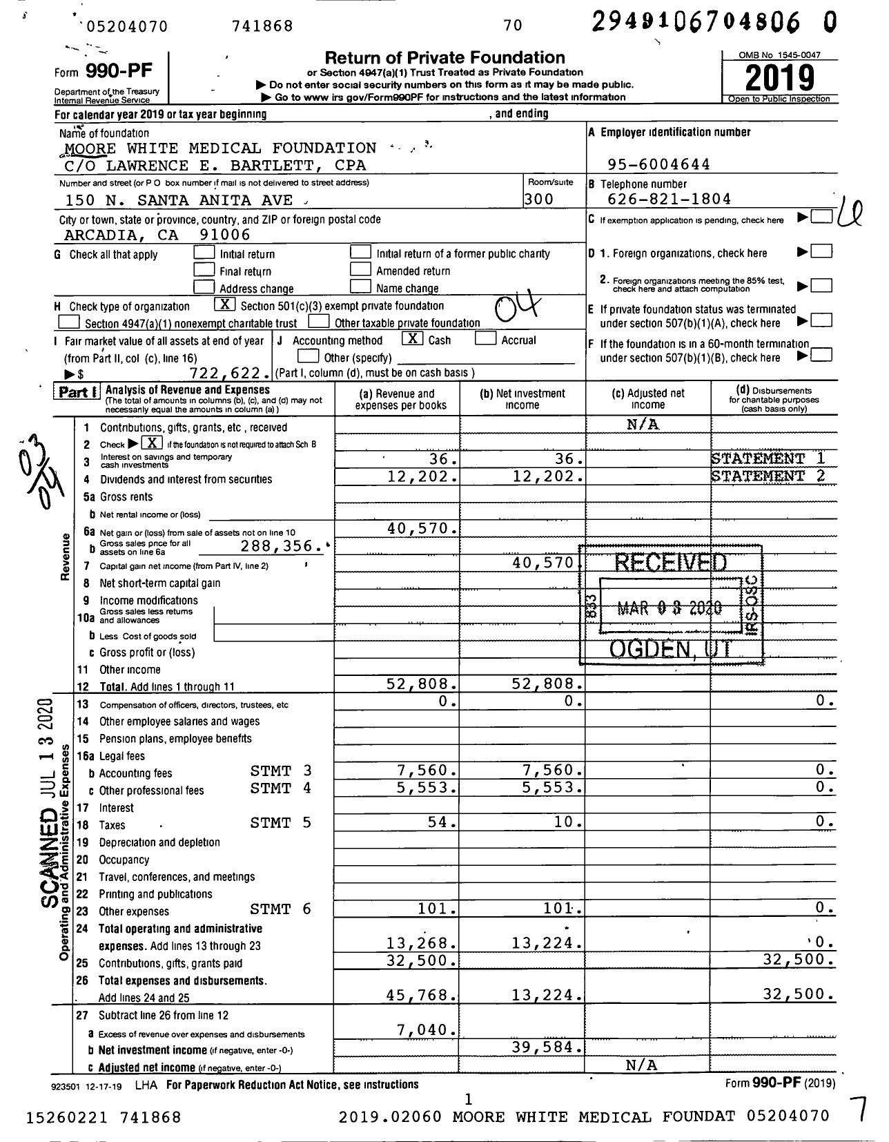 Image of first page of 2019 Form 990PR for Moore White Medical Foundation