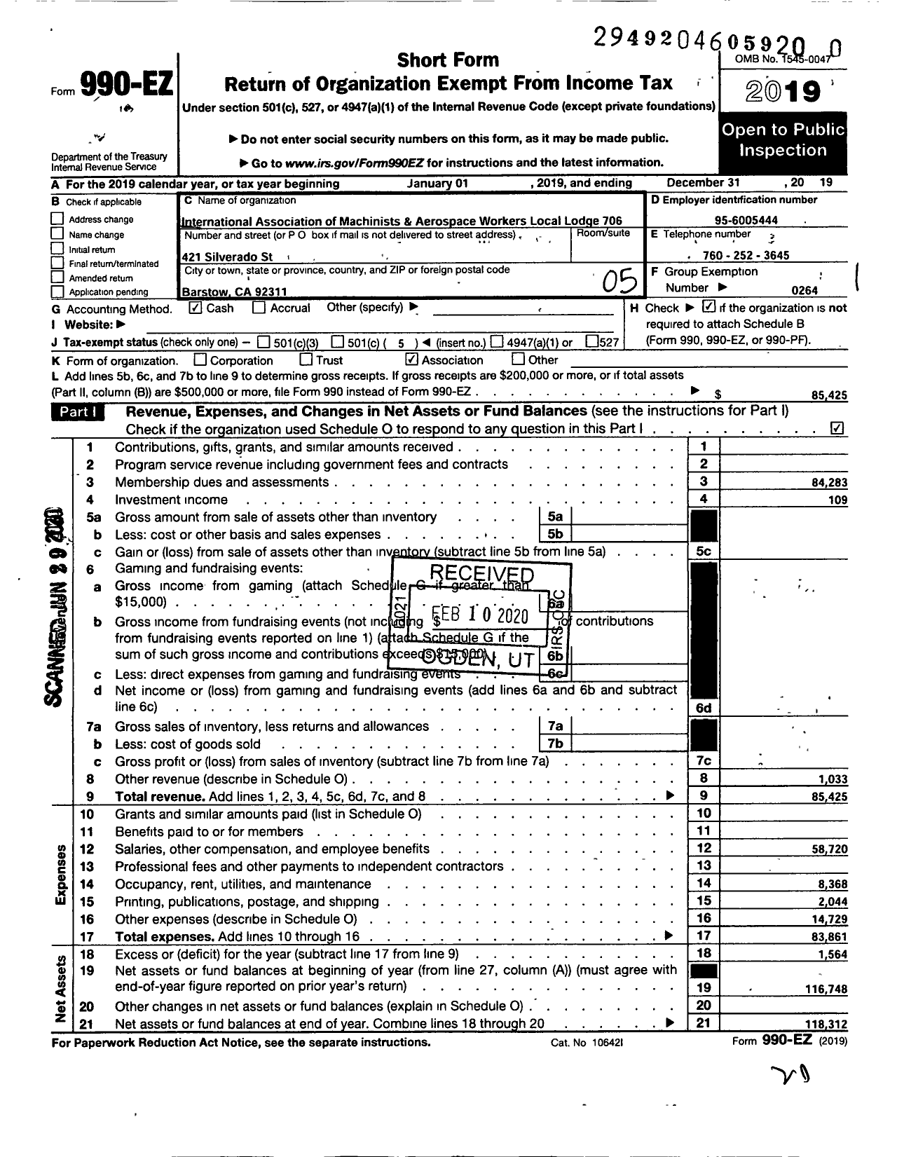 Image of first page of 2019 Form 990EO for International Association of Machinists and Aerospace Workers - 706