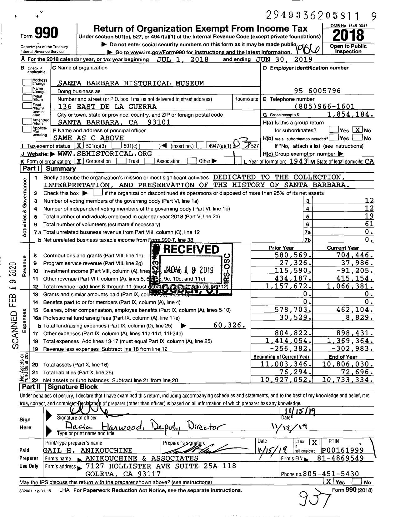 Image of first page of 2018 Form 990 for Santa Barbara Historical Museum