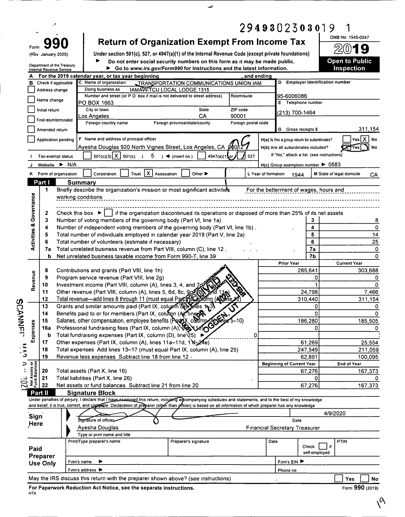 Image of first page of 2019 Form 990O for Iamaw-Tcu Local Lodge T1315