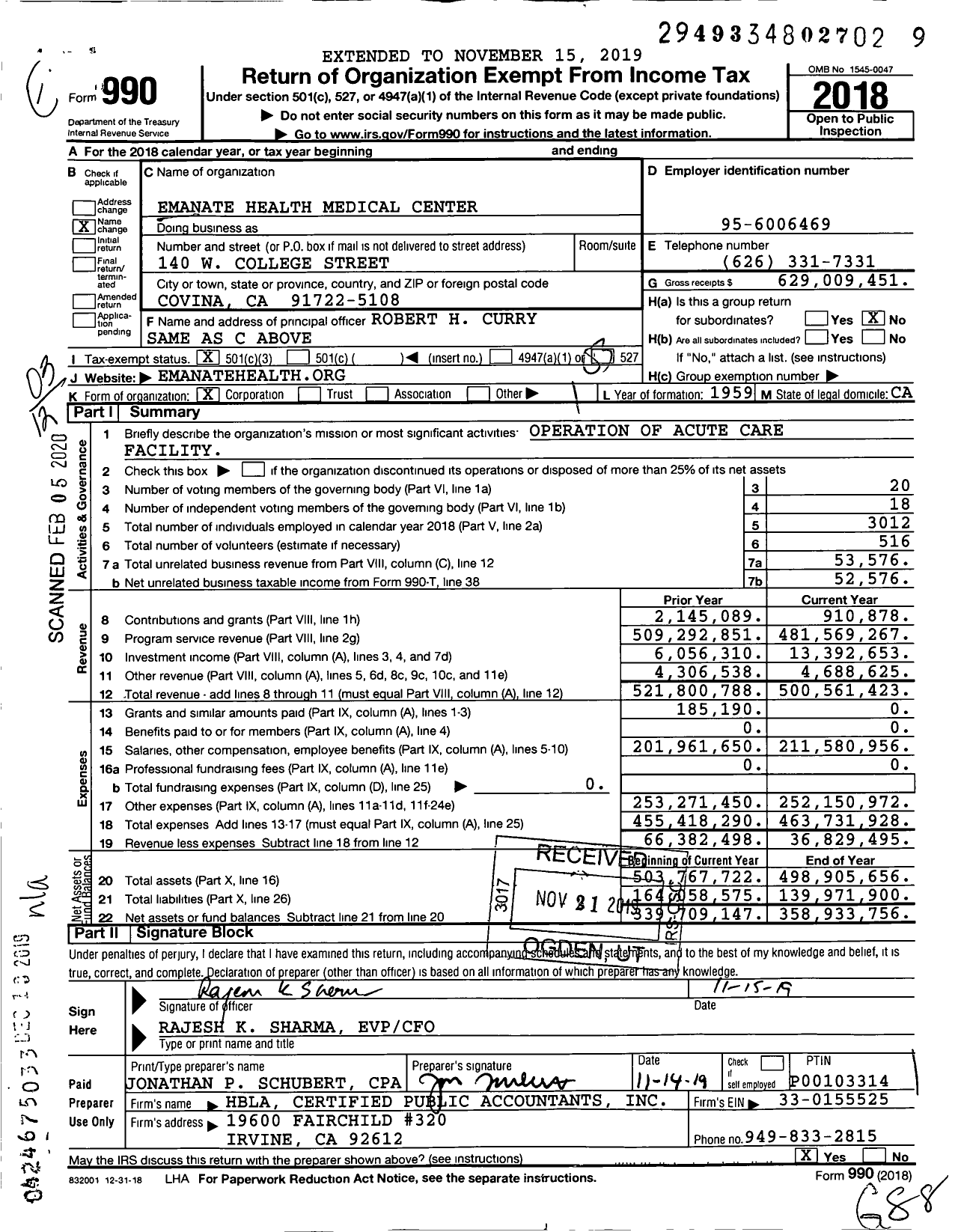 Image of first page of 2018 Form 990 for Emanate Health Medical Center (CVHP)