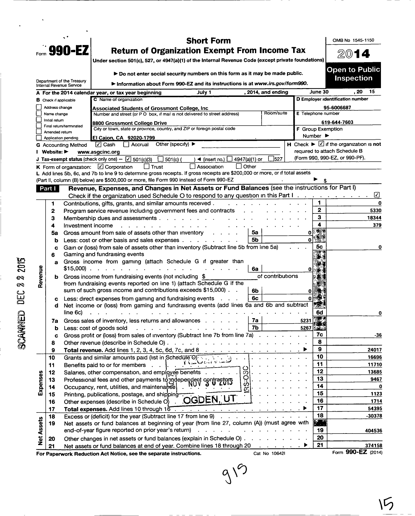 Image of first page of 2014 Form 990EZ for Associated Students of Grossmont College