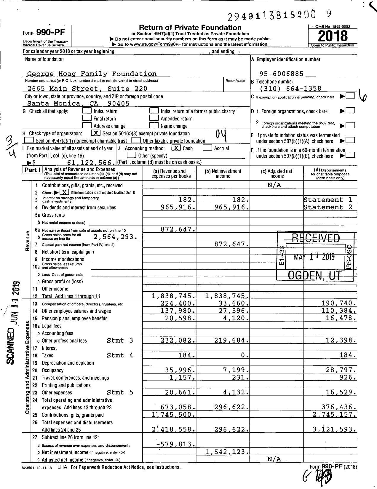 Image of first page of 2018 Form 990PF for George Hoag Family Foundation