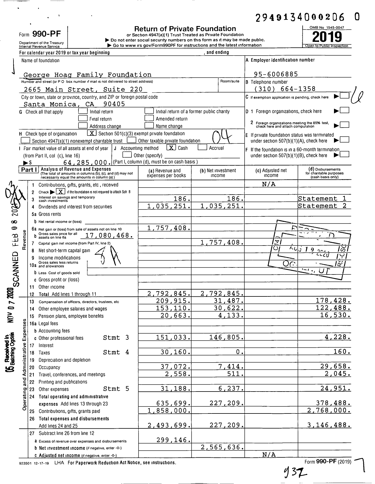 Image of first page of 2019 Form 990PF for George Hoag Family Foundation