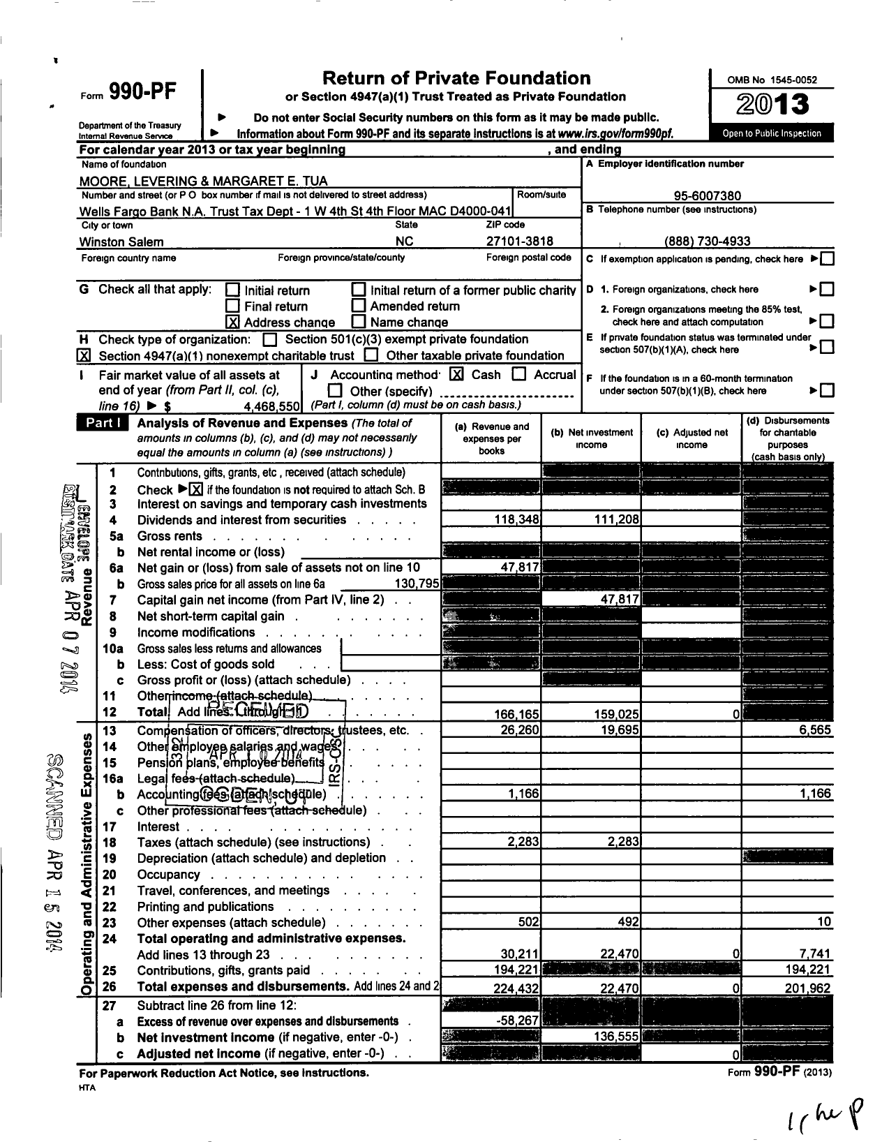 Image of first page of 2013 Form 990PF for Moore Levering and Margaret E Tua