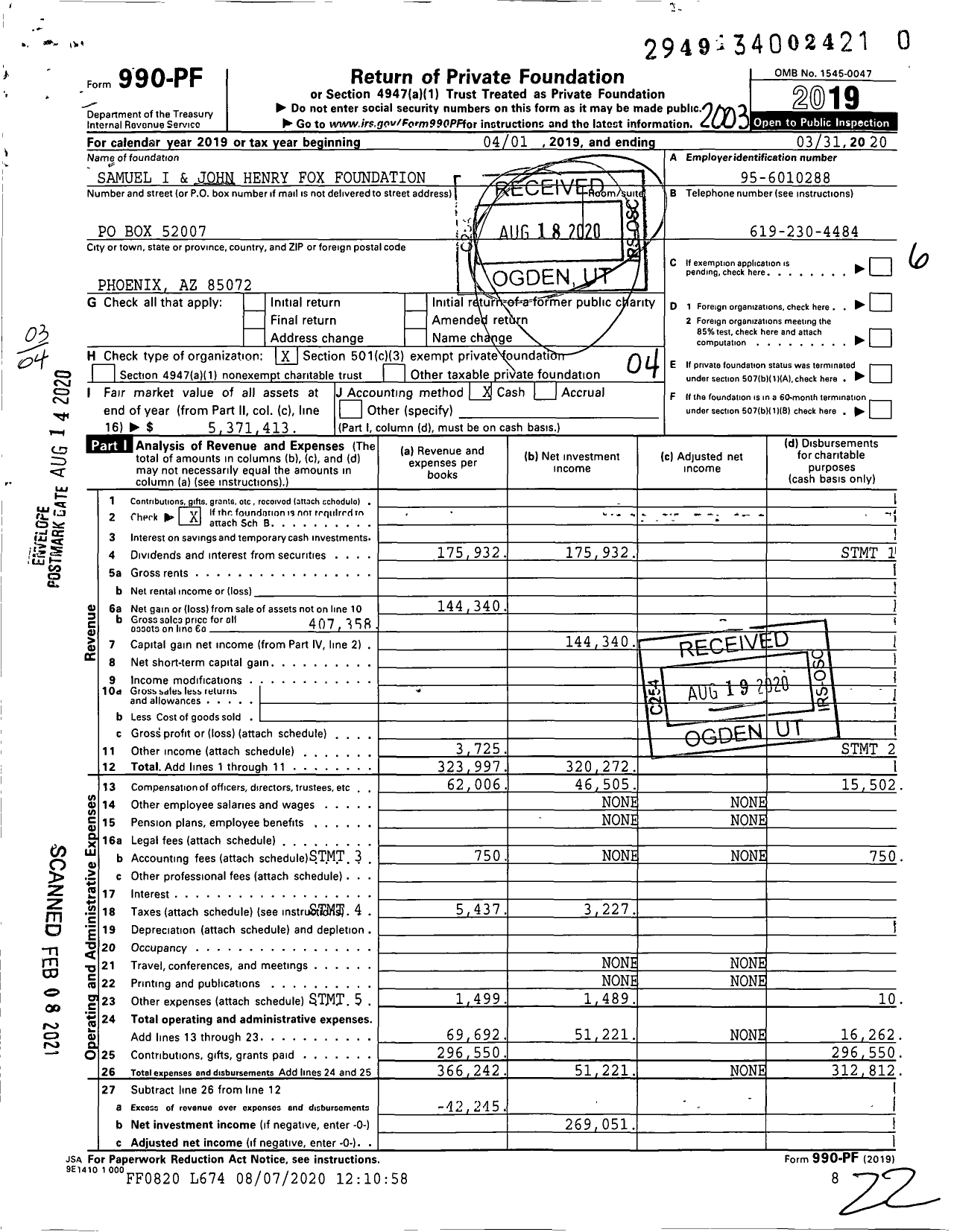 Image of first page of 2019 Form 990PF for Samuel I and John Henry Fox Foundation