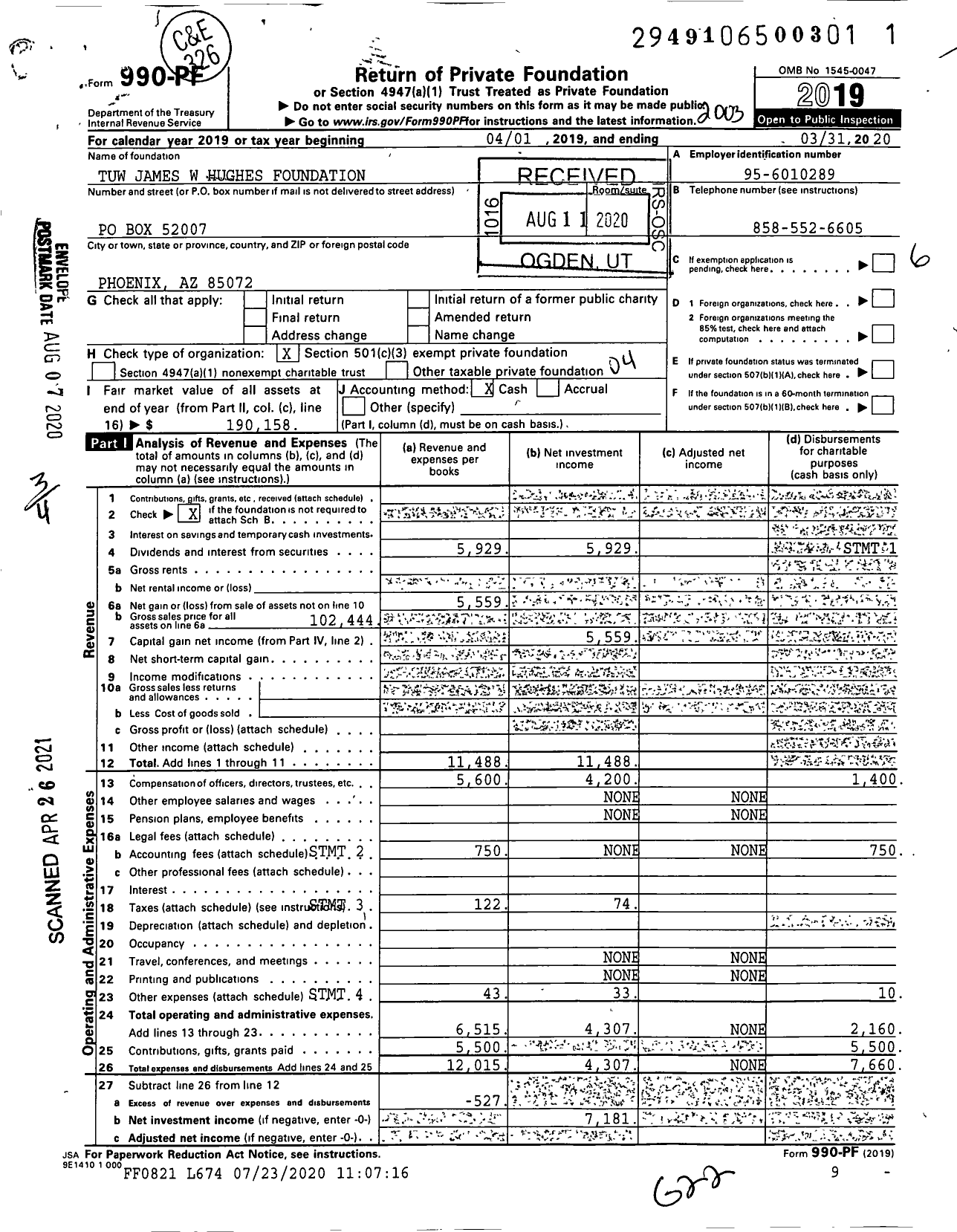 Image of first page of 2019 Form 990PF for Tuw James W Hughes Foundation