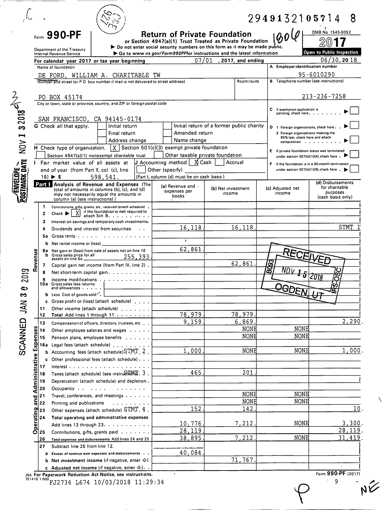 Image of first page of 2017 Form 990PF for De Fordwilliam A Charitable Tw-Dis