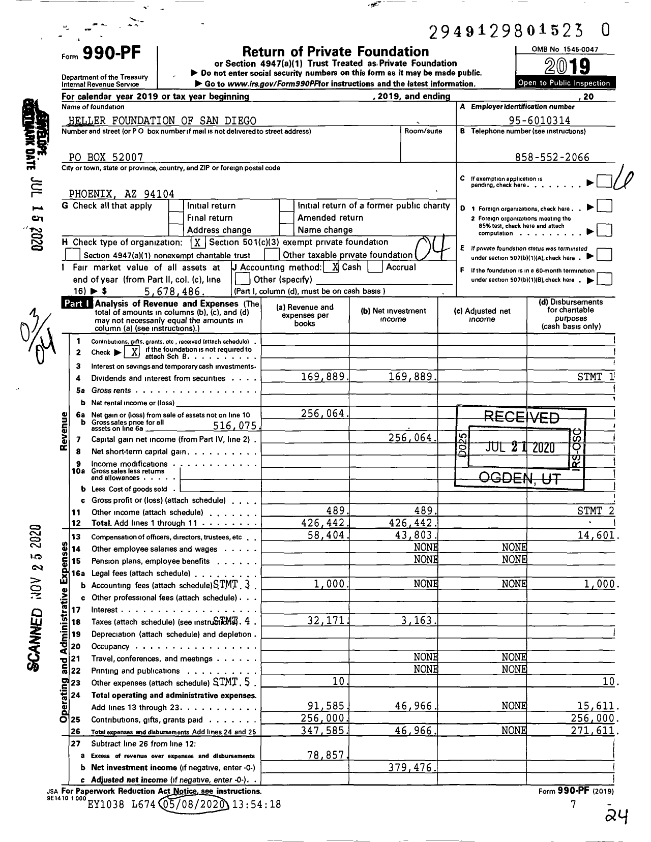 Image of first page of 2019 Form 990PF for Heller Foundation of San Diego