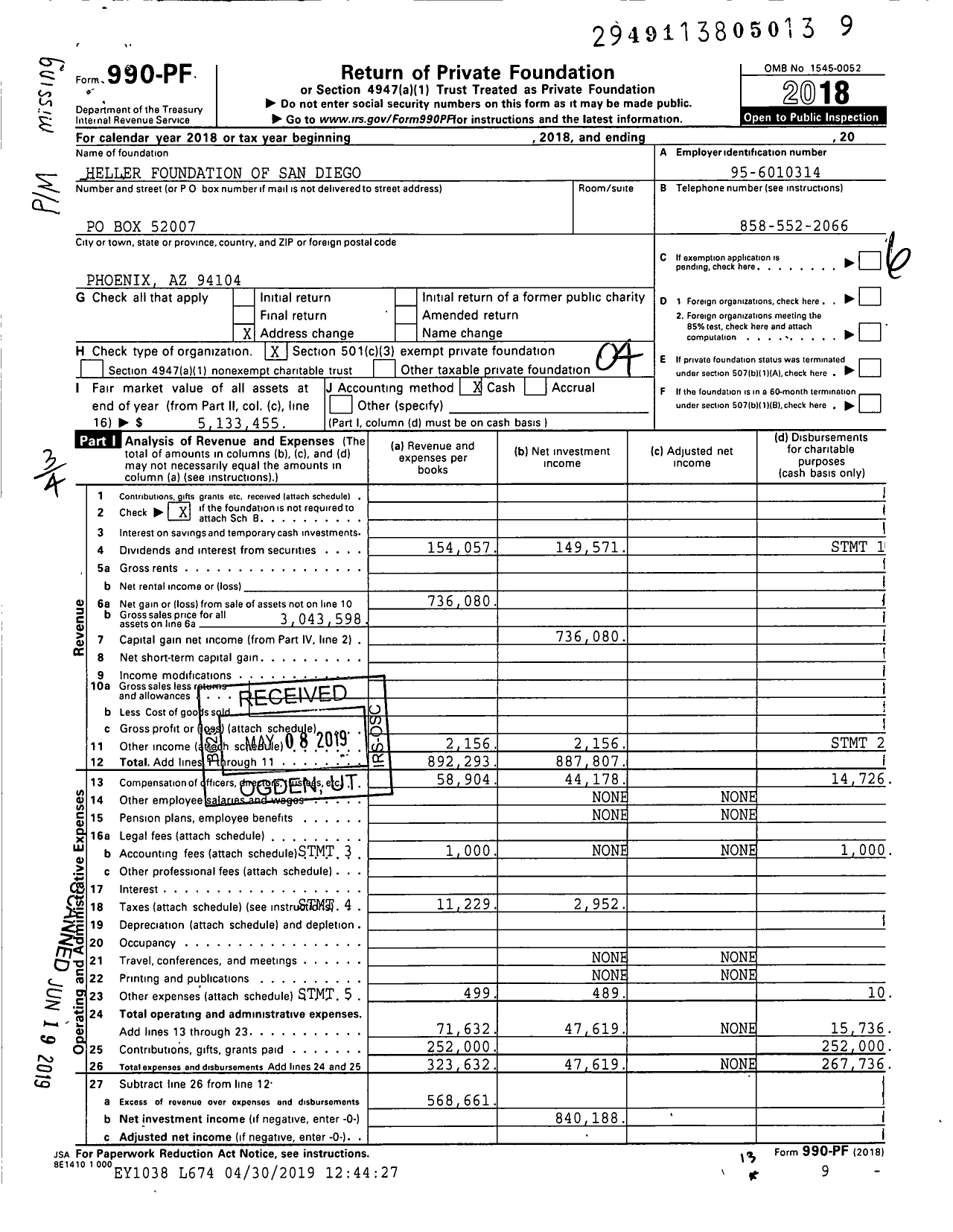 Image of first page of 2018 Form 990PF for Heller Foundation of San Diego