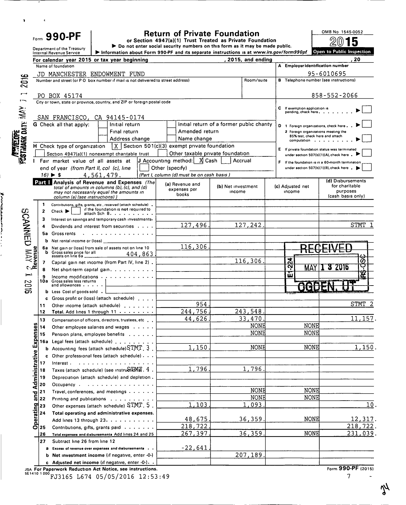 Image of first page of 2015 Form 990PF for JD Manchester Endowment Fund