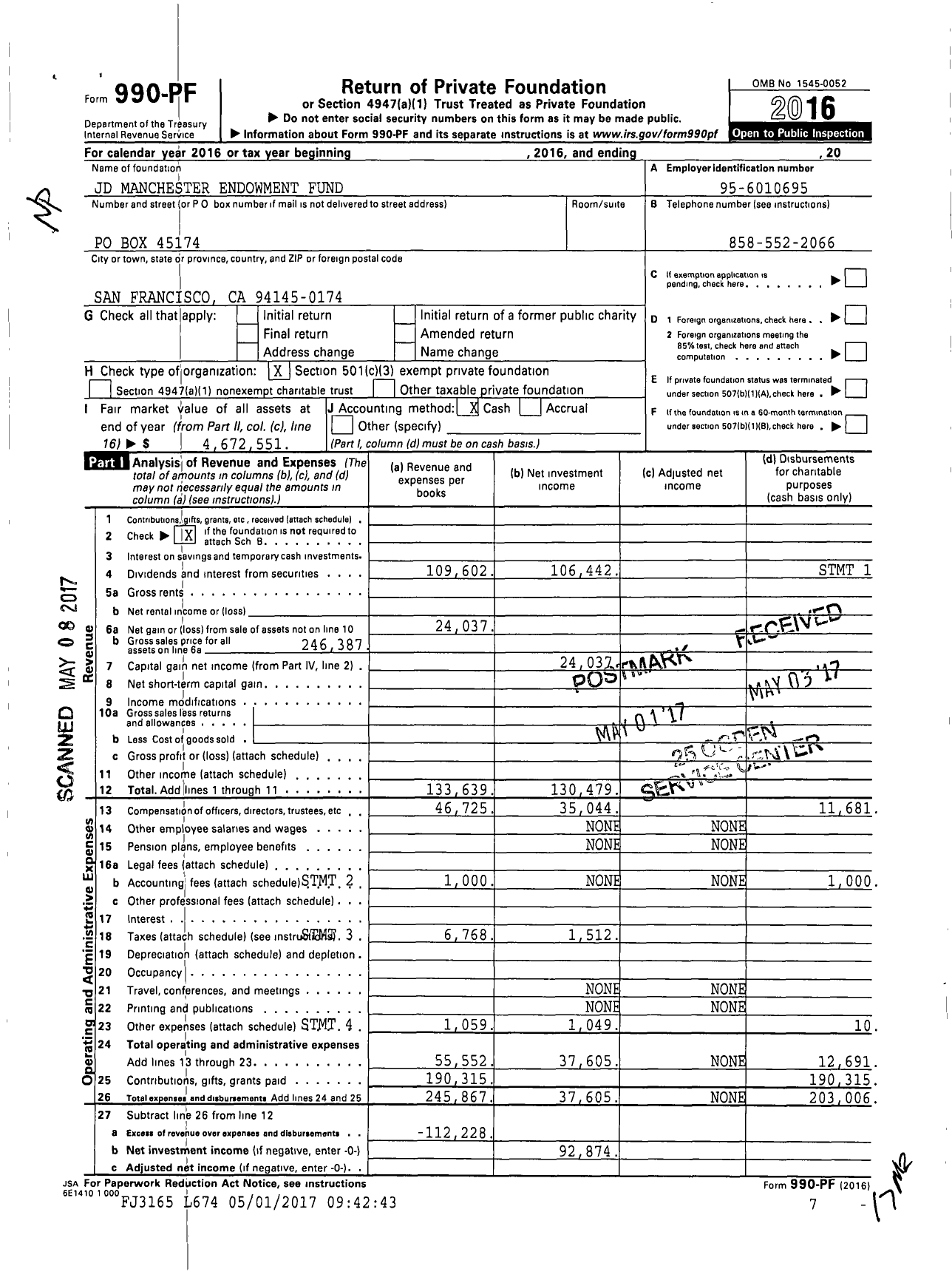 Image of first page of 2016 Form 990PF for JD Manchester Endowment Fund