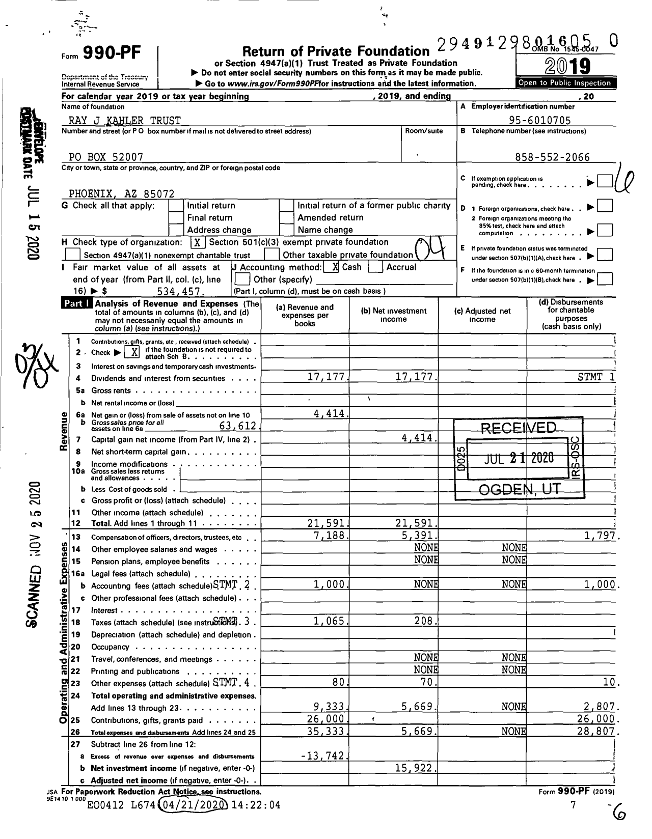 Image of first page of 2019 Form 990PF for Ray J Kahler Trust