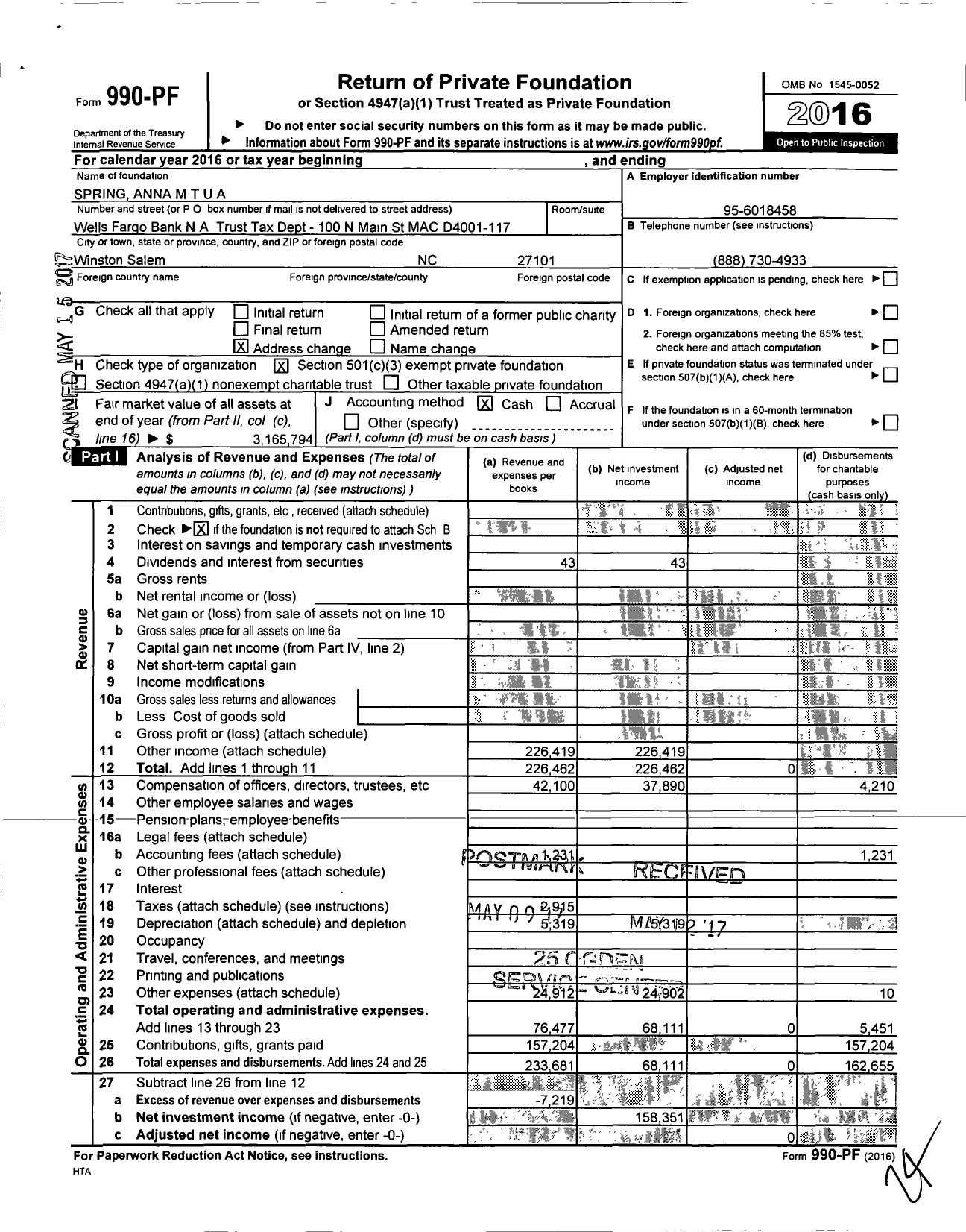 Image of first page of 2016 Form 990PF for Spring Anna M Tua