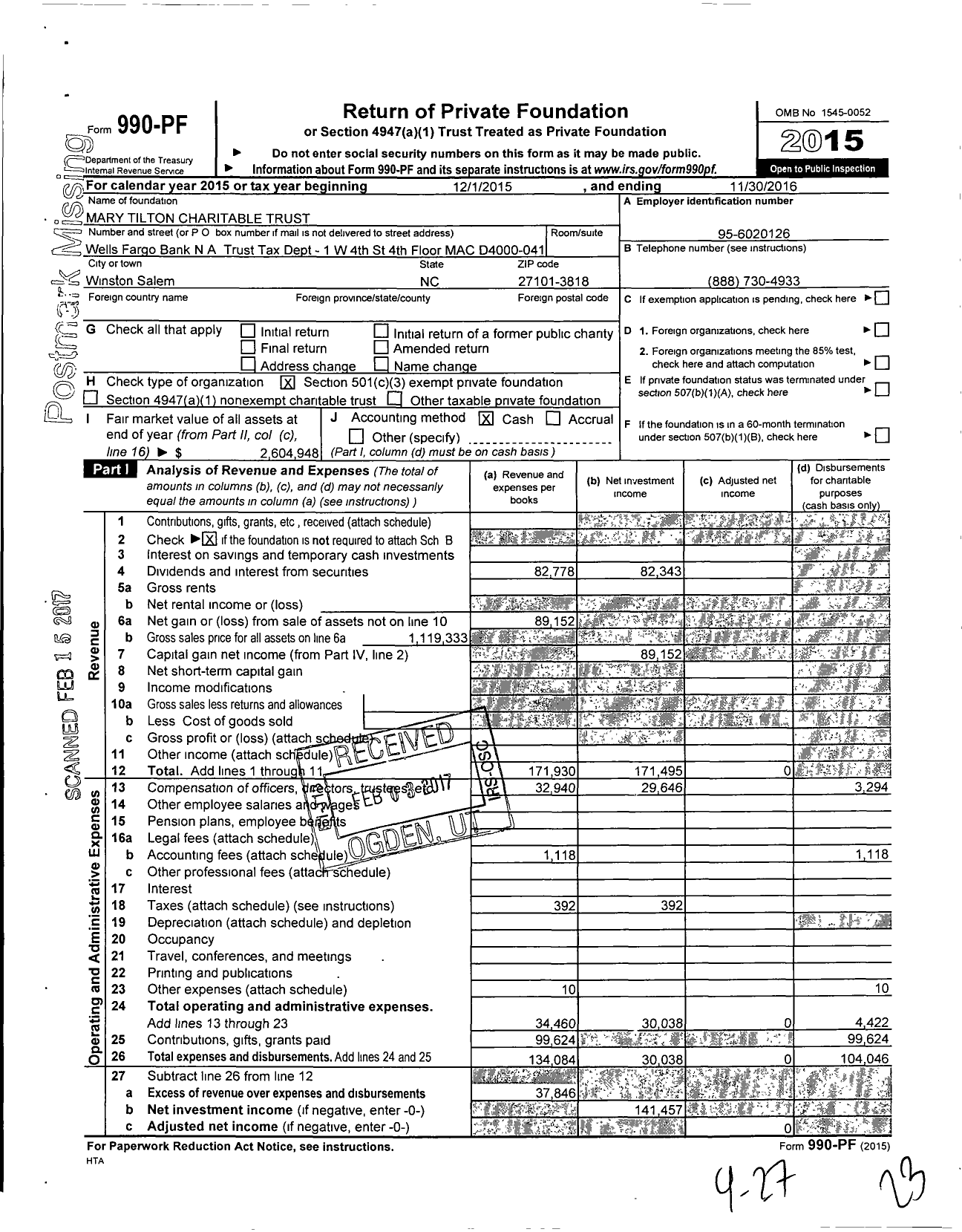Image of first page of 2015 Form 990PF for Mary Tilton Charitable Trust