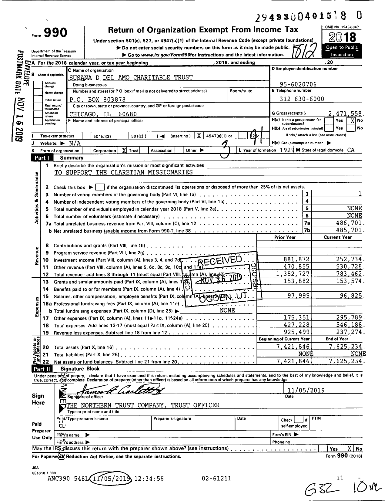 Image of first page of 2018 Form 990O for Susana D Del Amo Charitable Trust