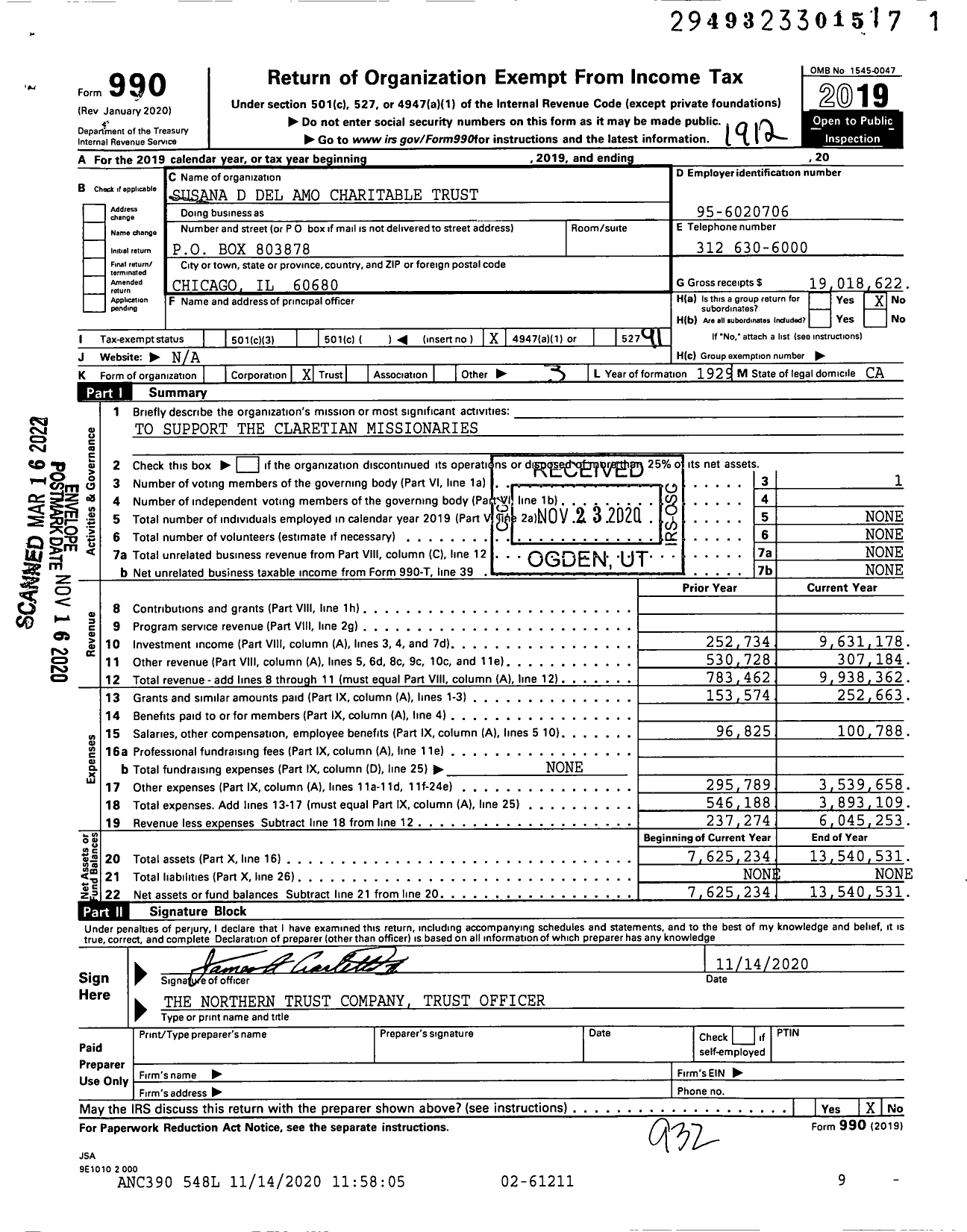 Image of first page of 2019 Form 990O for Susana D Del Amo Charitable Trust