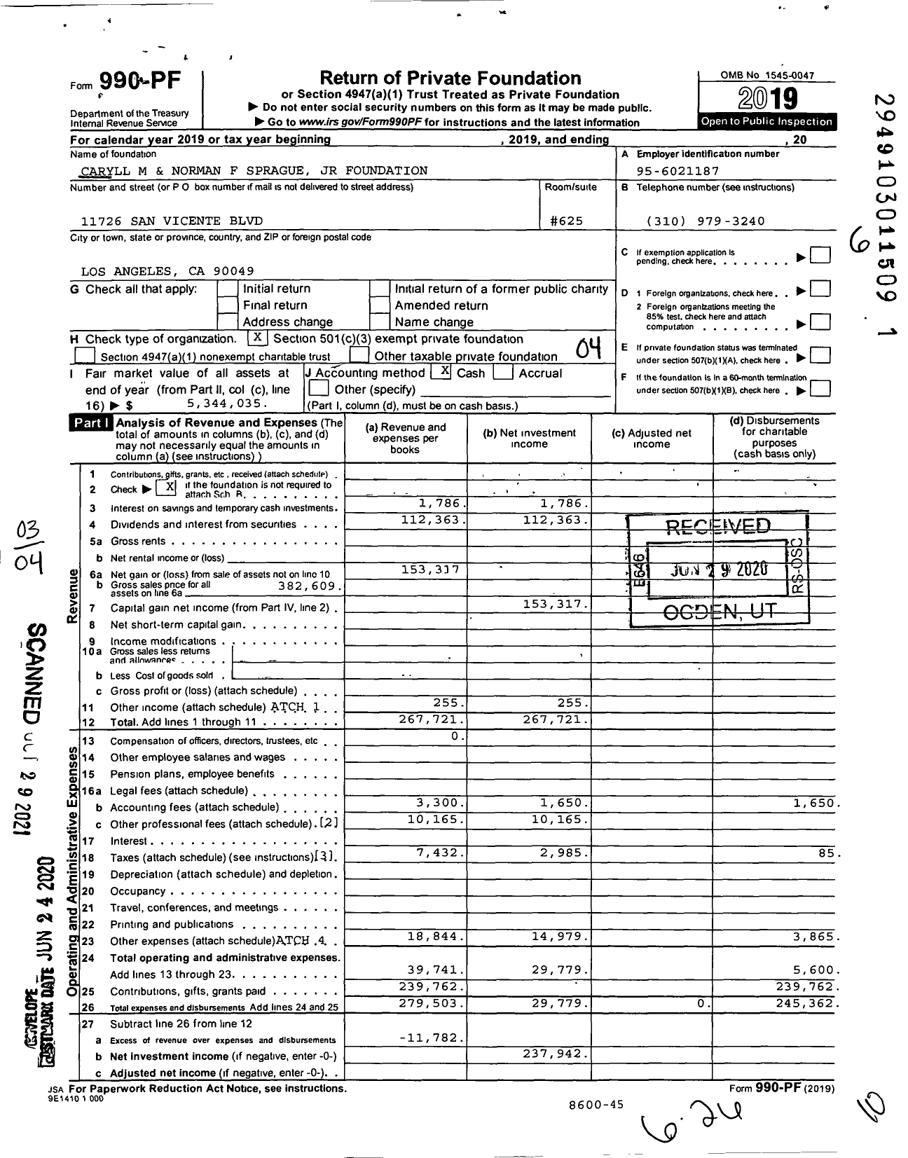 Image of first page of 2019 Form 990PF for Caryll M and Norman F Sprague JR Foundation