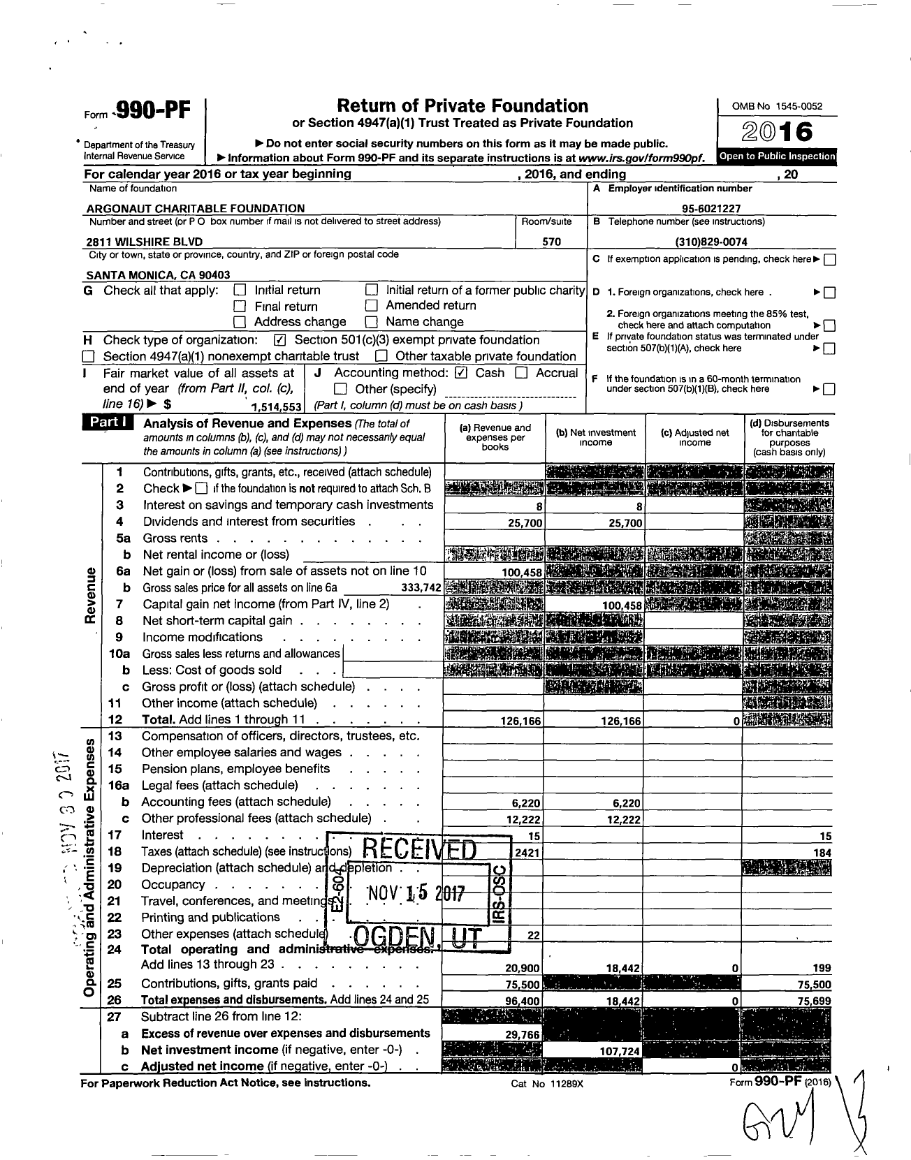 Image of first page of 2016 Form 990PF for Argonaut Charitable Foundation