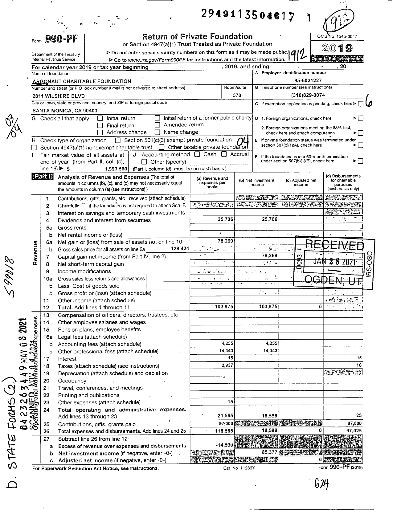 Image of first page of 2019 Form 990PF for Argonaut Charitable Foundation