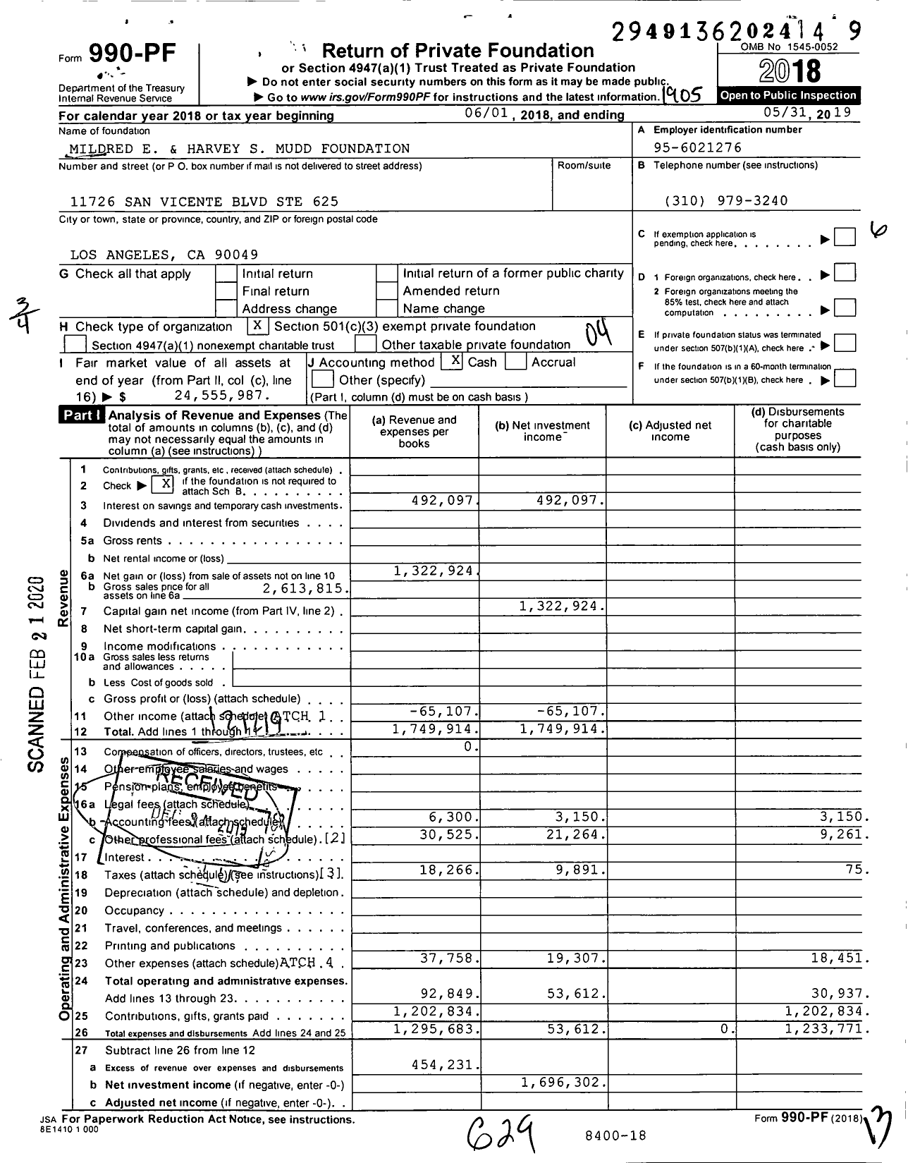 Image of first page of 2018 Form 990PR for Mildred E and Harvey S Mudd Foundation