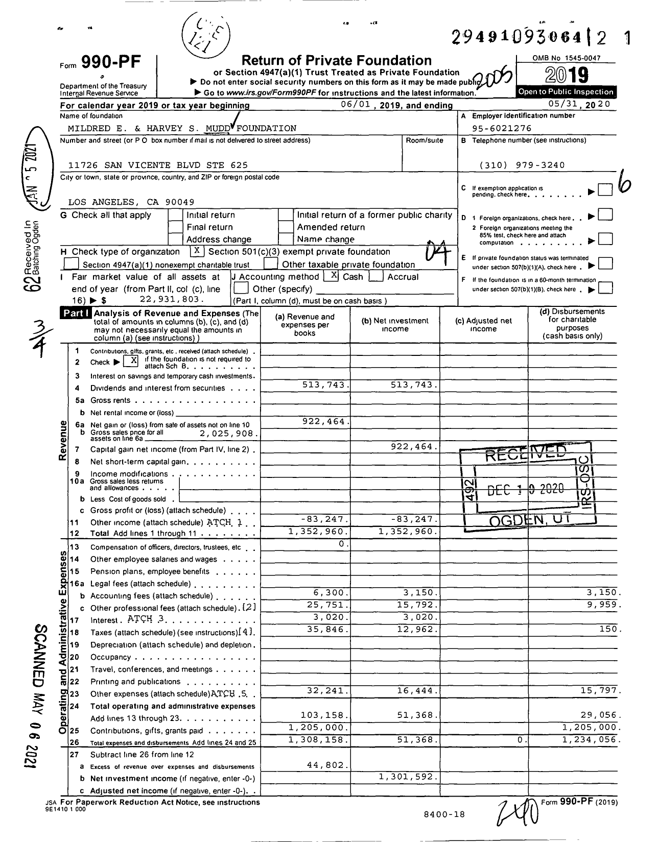 Image of first page of 2019 Form 990PF for Mildred E and Harvey S Mudd Foundation