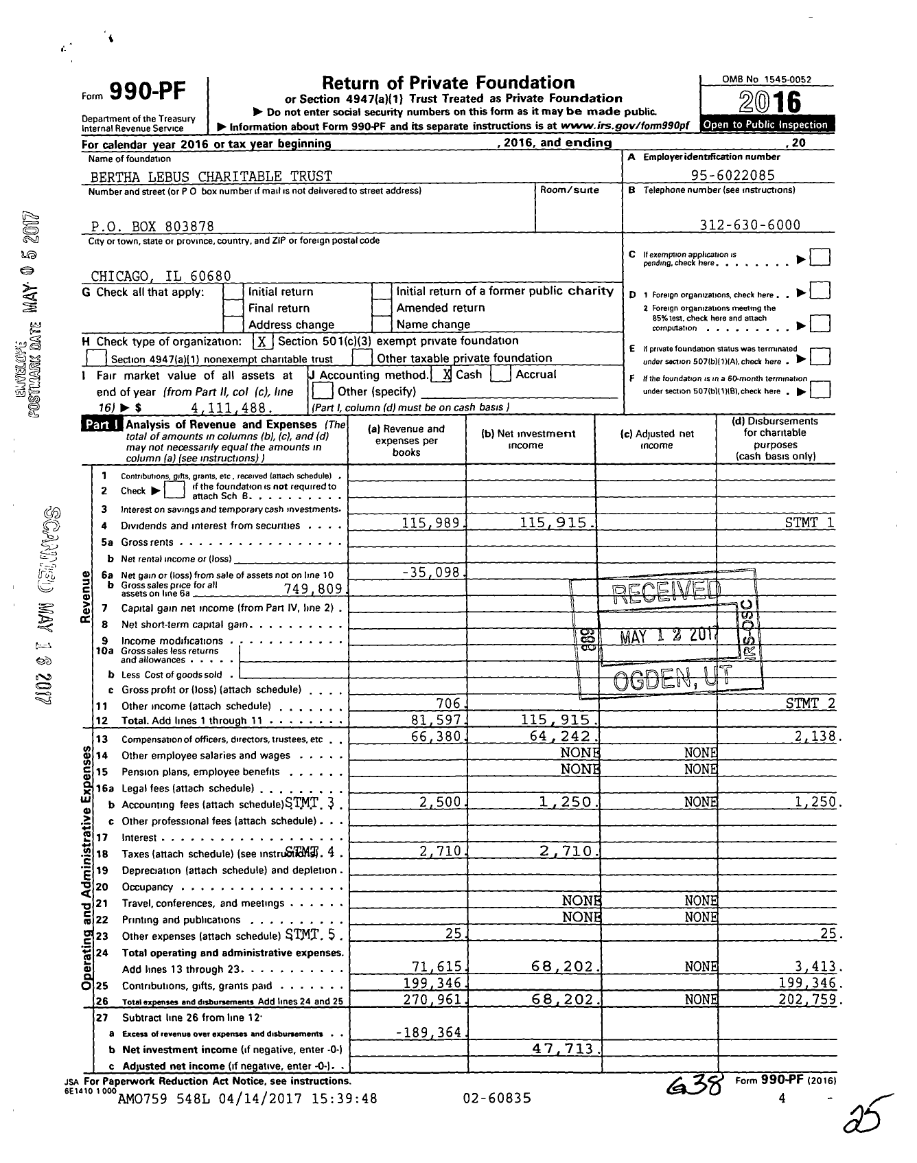 Image of first page of 2016 Form 990PF for Bertha Lebus Charitable Trust