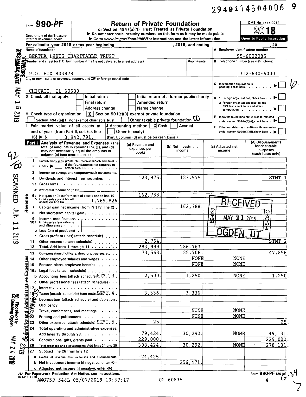 Image of first page of 2018 Form 990PF for Bertha Lebus Charitable Trust