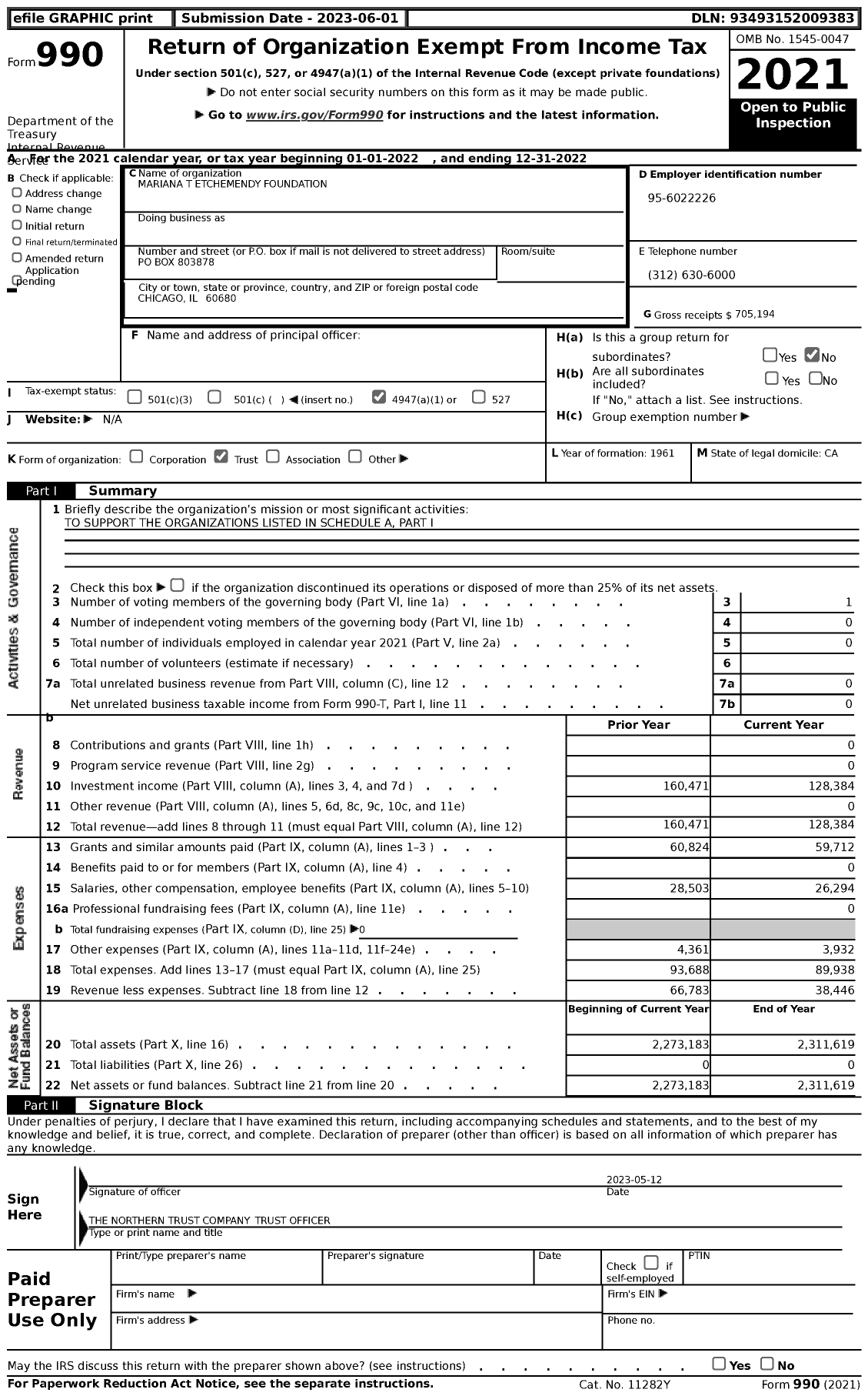 Image of first page of 2022 Form 990 for Mariana T Etchemendy Foundation