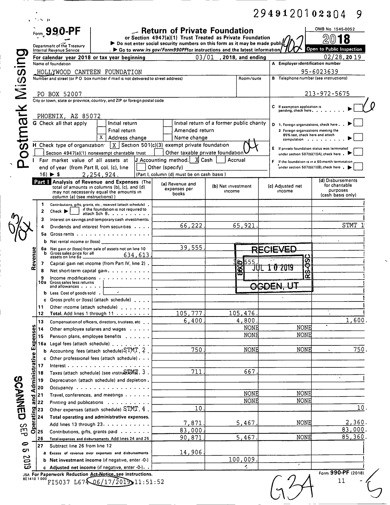 Image of first page of 2018 Form 990PF for Hollywood Canteen Foundation