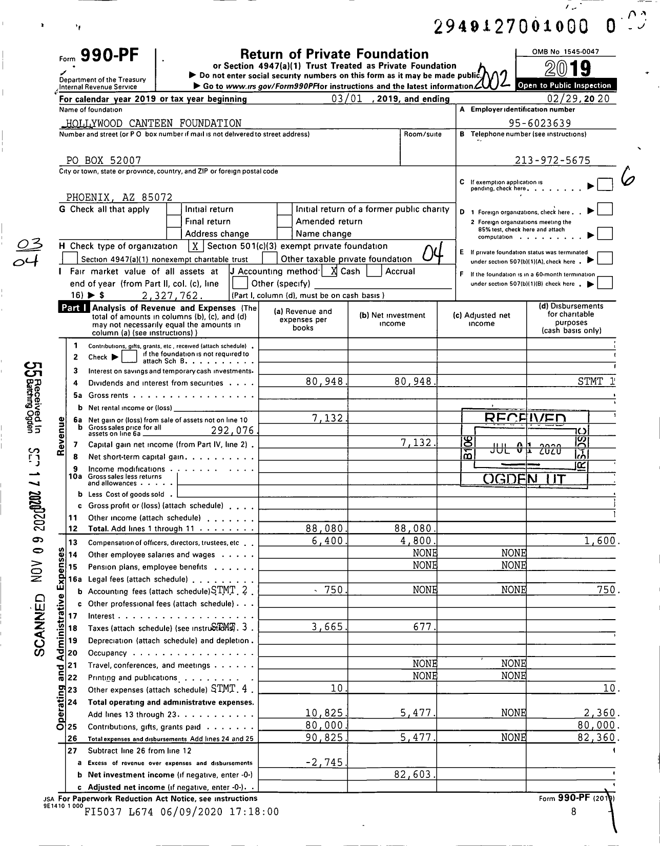 Image of first page of 2019 Form 990PF for Hollywood Canteen Foundation