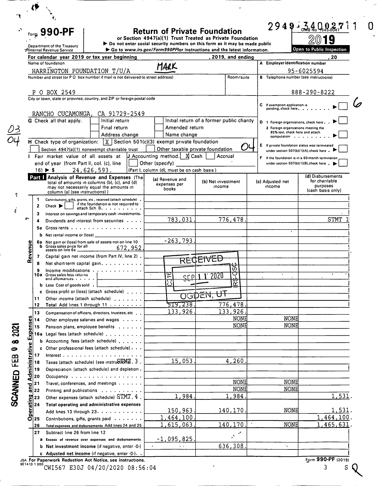 Image of first page of 2019 Form 990PF for Mark H and Blanche M Harrington Foundation