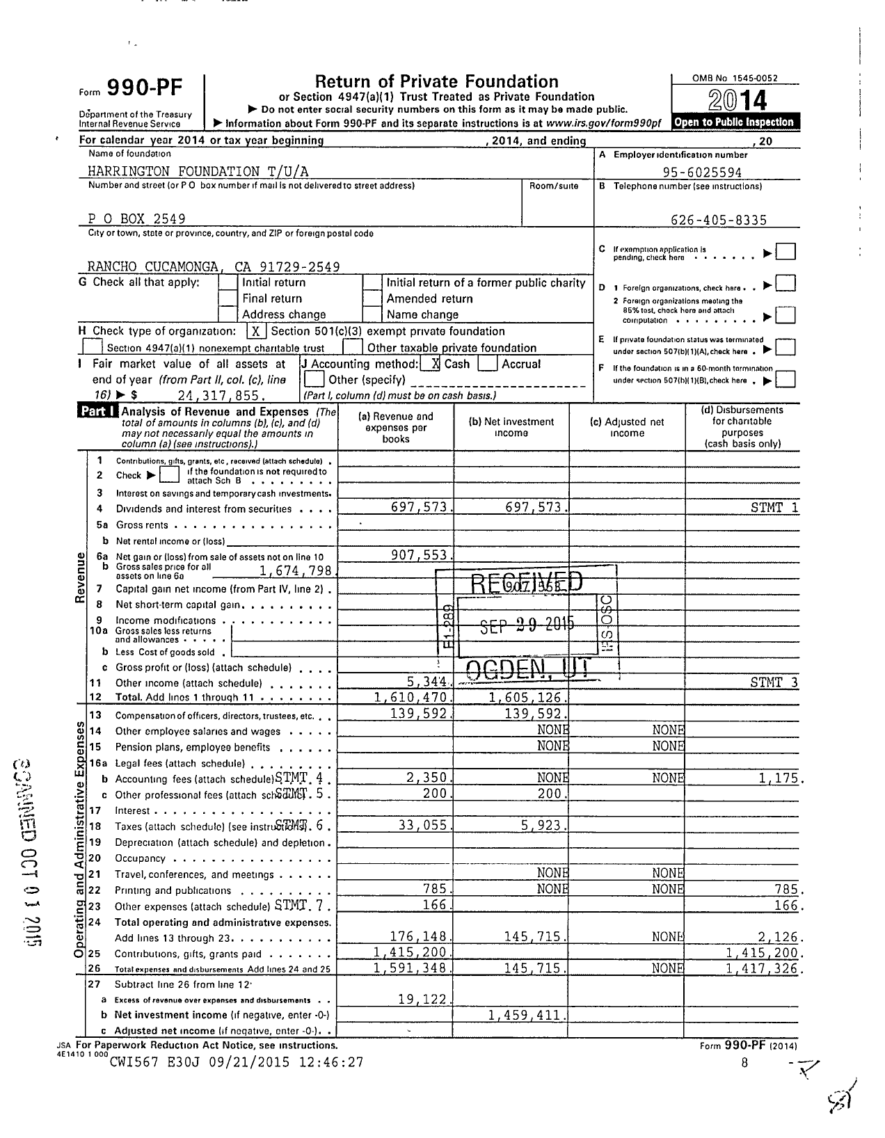 Image of first page of 2014 Form 990PF for Mark H and Blanche M Harrington Foundation