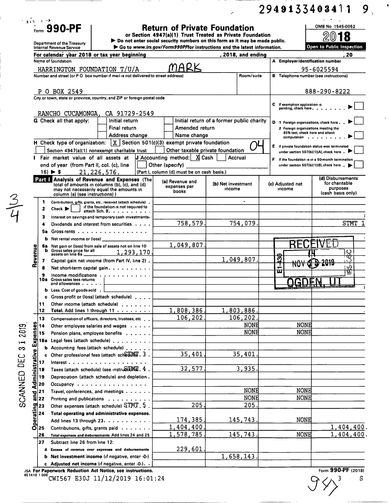 Image of first page of 2018 Form 990PF for Mark H and Blanche M Harrington Foundation